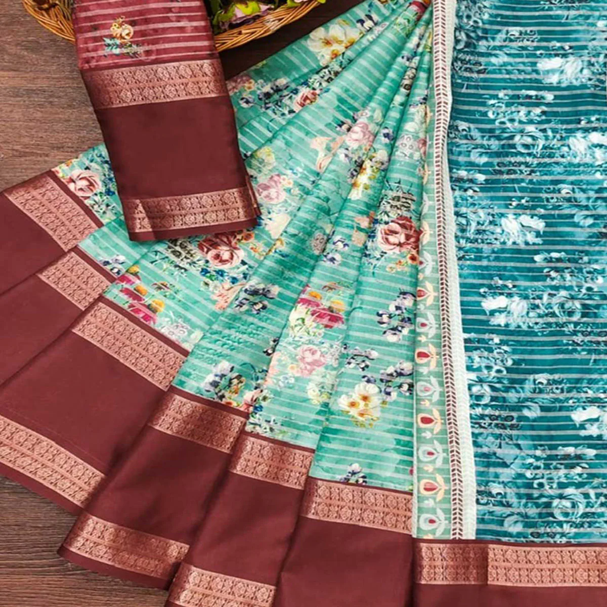Turquoise Floral Digital Printed Cotton Silk Saree - Image 2