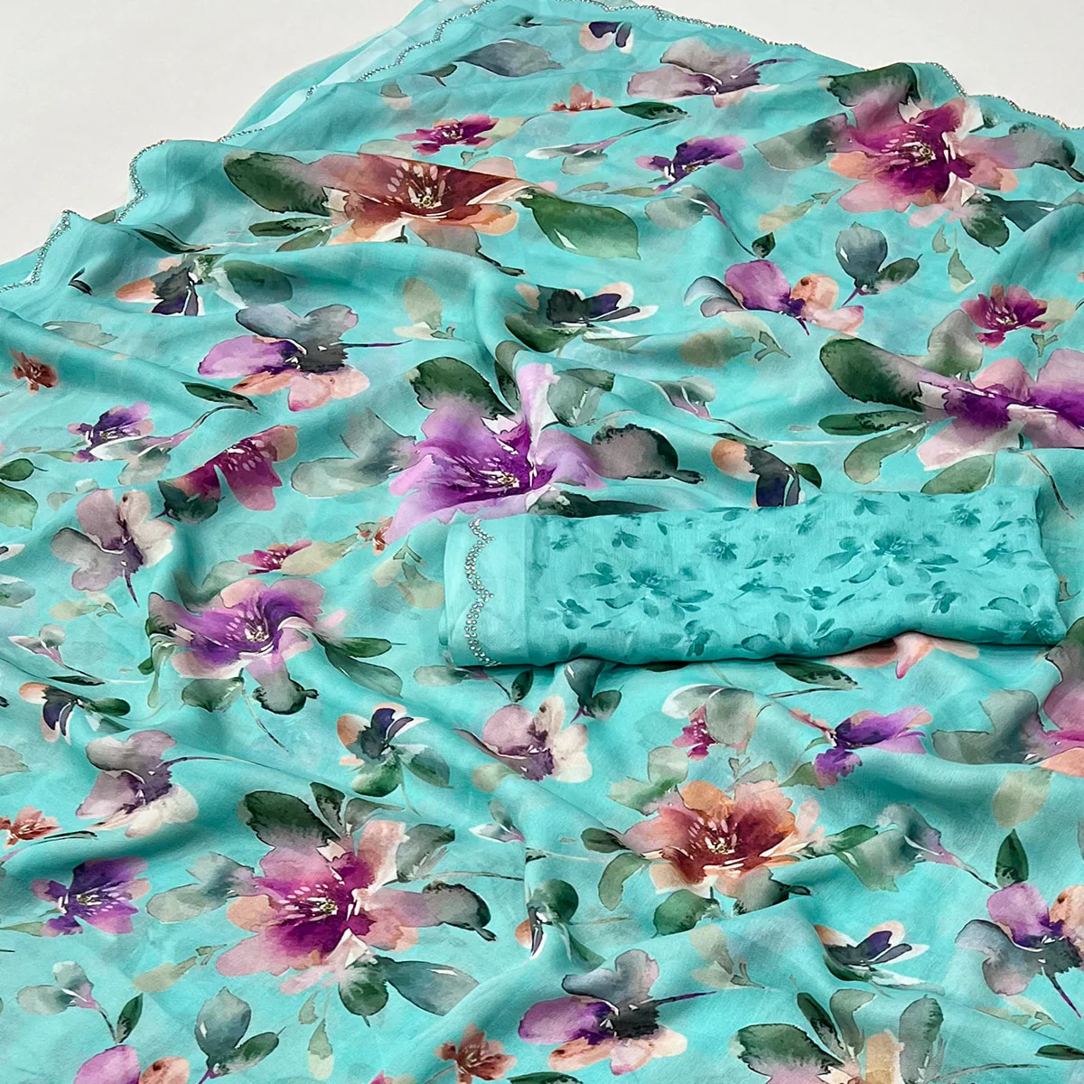 Turquoise Floral Digital Printed Georgette Saree With Stonework Border - Image 2