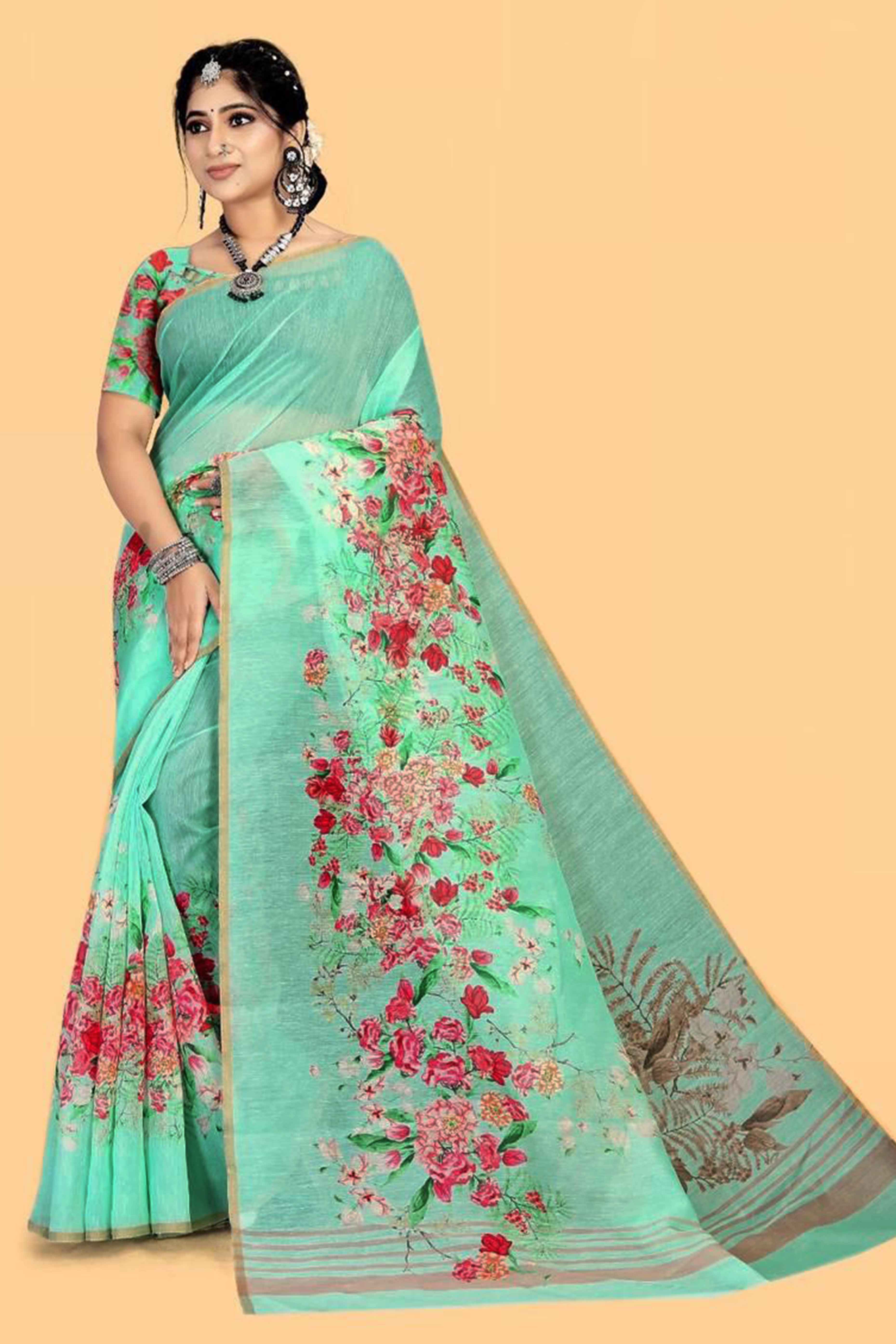 Turquoise Floral Digital Printed Linen Saree - Image 4