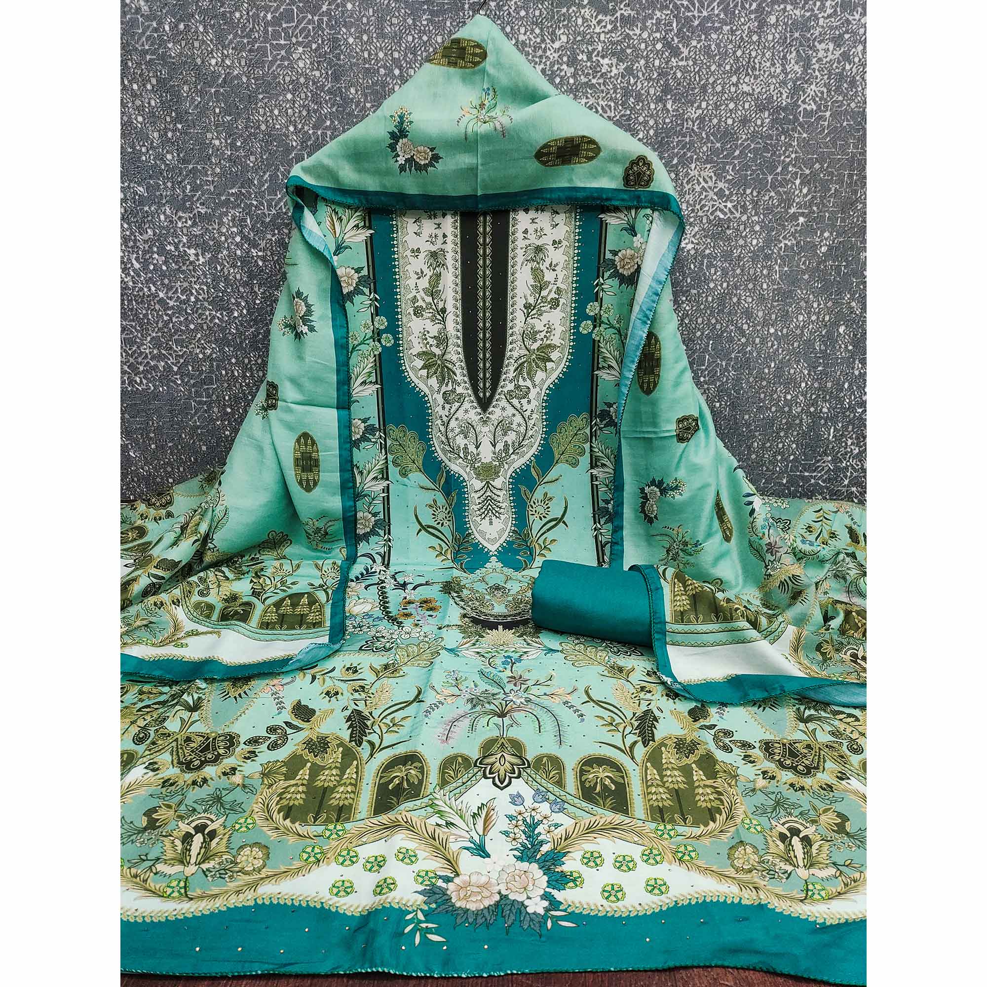 Turquoise Floral Digital Printed Muslin Dress Material Enhanced With Shimmering Swarovski Work - Image 3