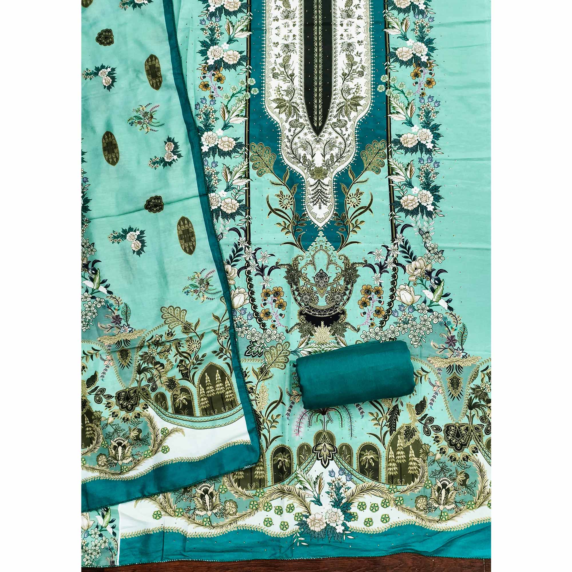 Turquoise Floral Digital Printed Muslin Dress Material Enhanced With Shimmering Swarovski Work - Image 4