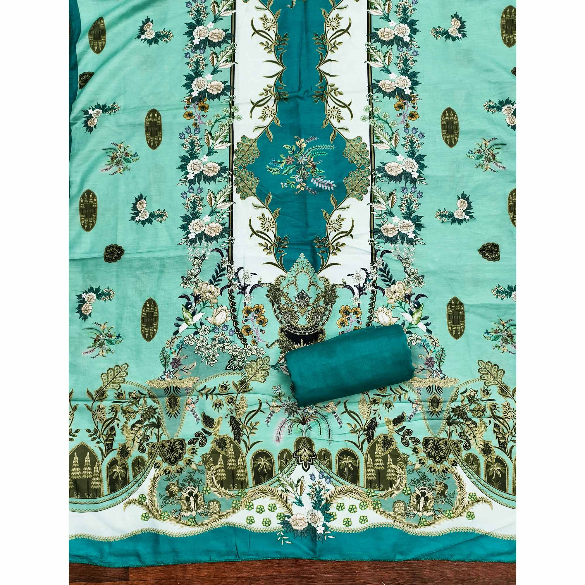 Turquoise Floral Digital Printed Muslin Dress Material Enhanced With Shimmering Swarovski Work - Image 5