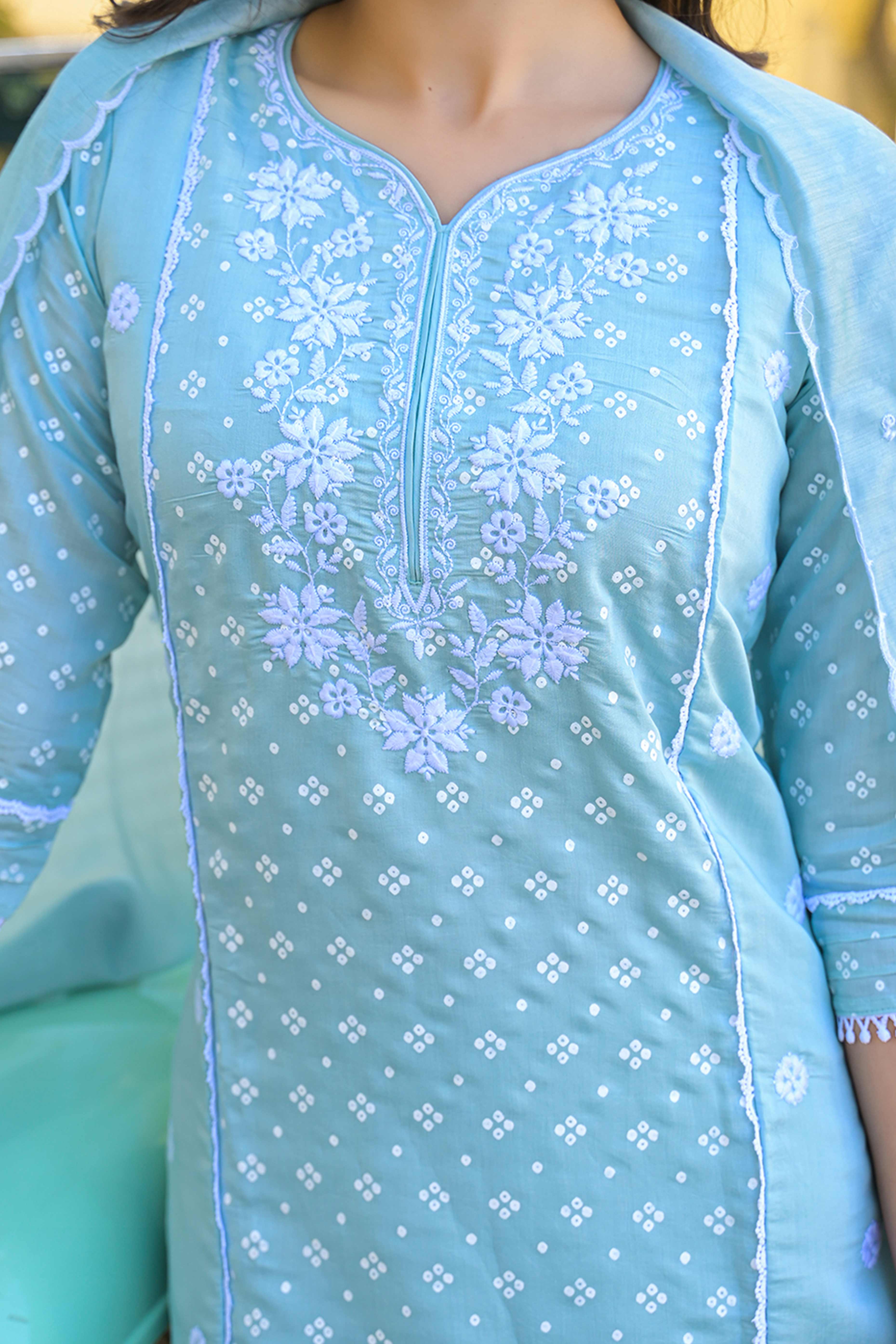Turquoise Floral Embroidered Chanderi Silk Straight Salwar Suit - Image 2