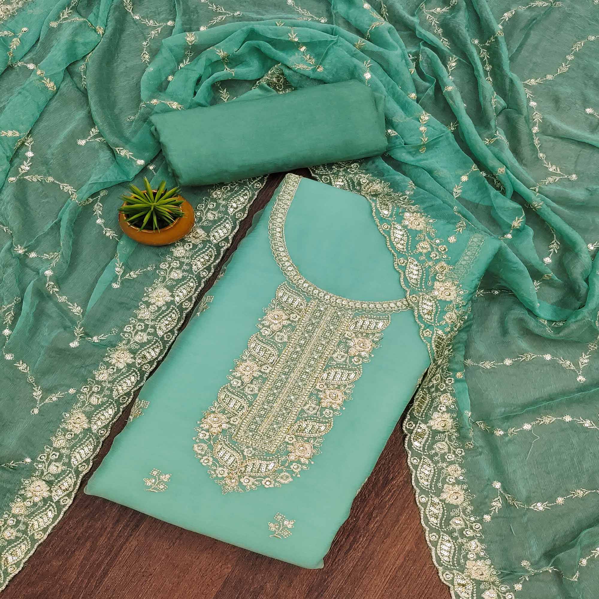 Turquoise Floral Embroidered Chiffon Dress Material