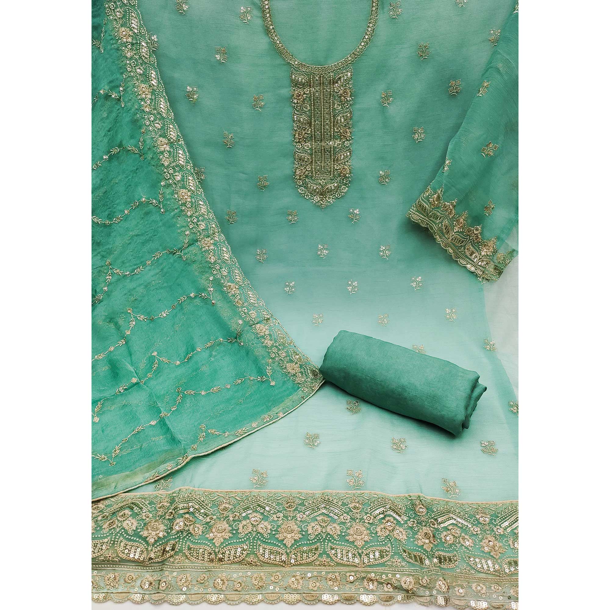 Turquoise Floral Embroidered Chiffon Dress Material - Image 3