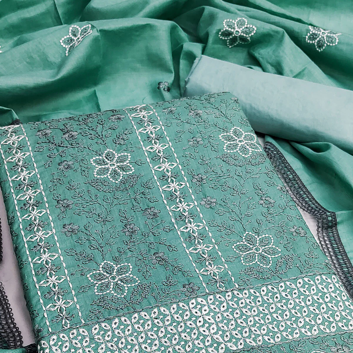 Turquoise Floral Embroidered Pure Cotton Dress Material - Image 2