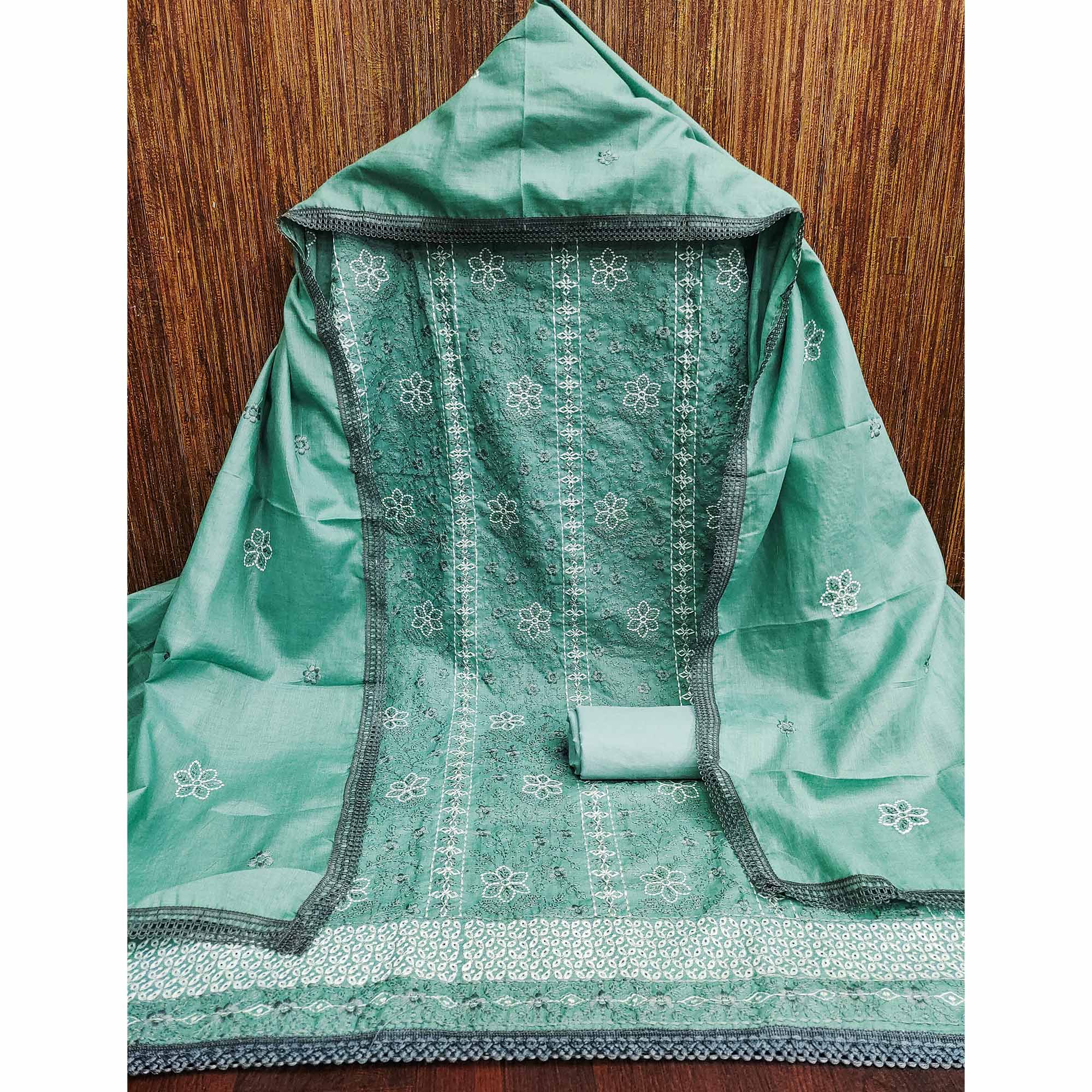 Turquoise Floral Embroidered Pure Cotton Dress Material - Image 3