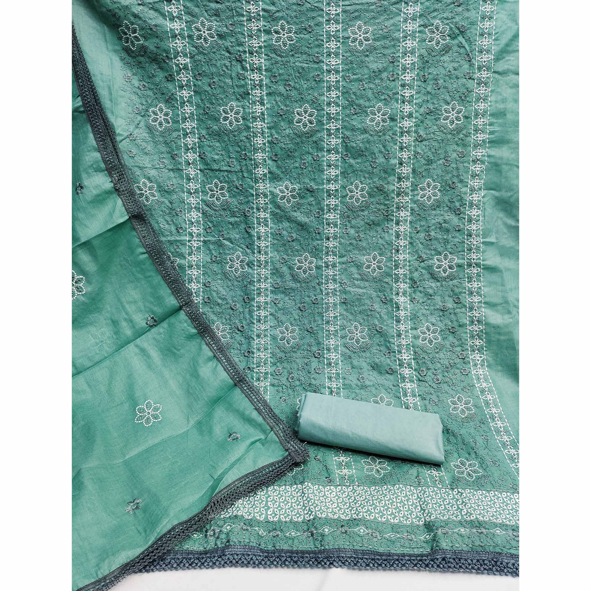Turquoise Floral Embroidered Pure Cotton Dress Material - Image 4
