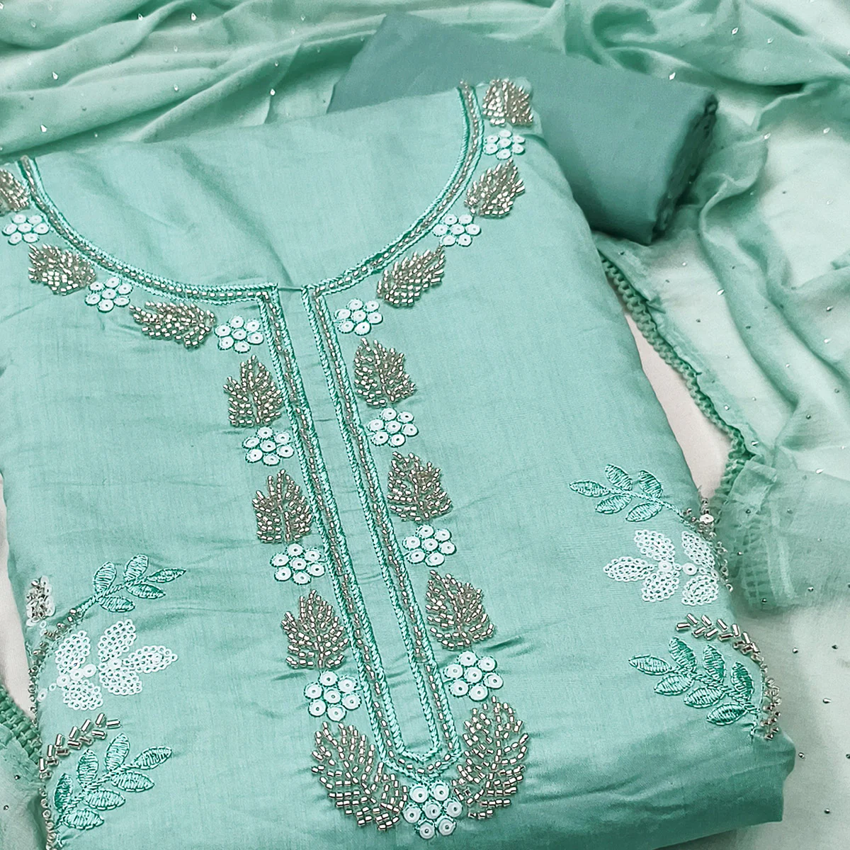 Turquoise Floral Embroidered Viscose Suit Fabric with Exquisite Beads Work - Image 2