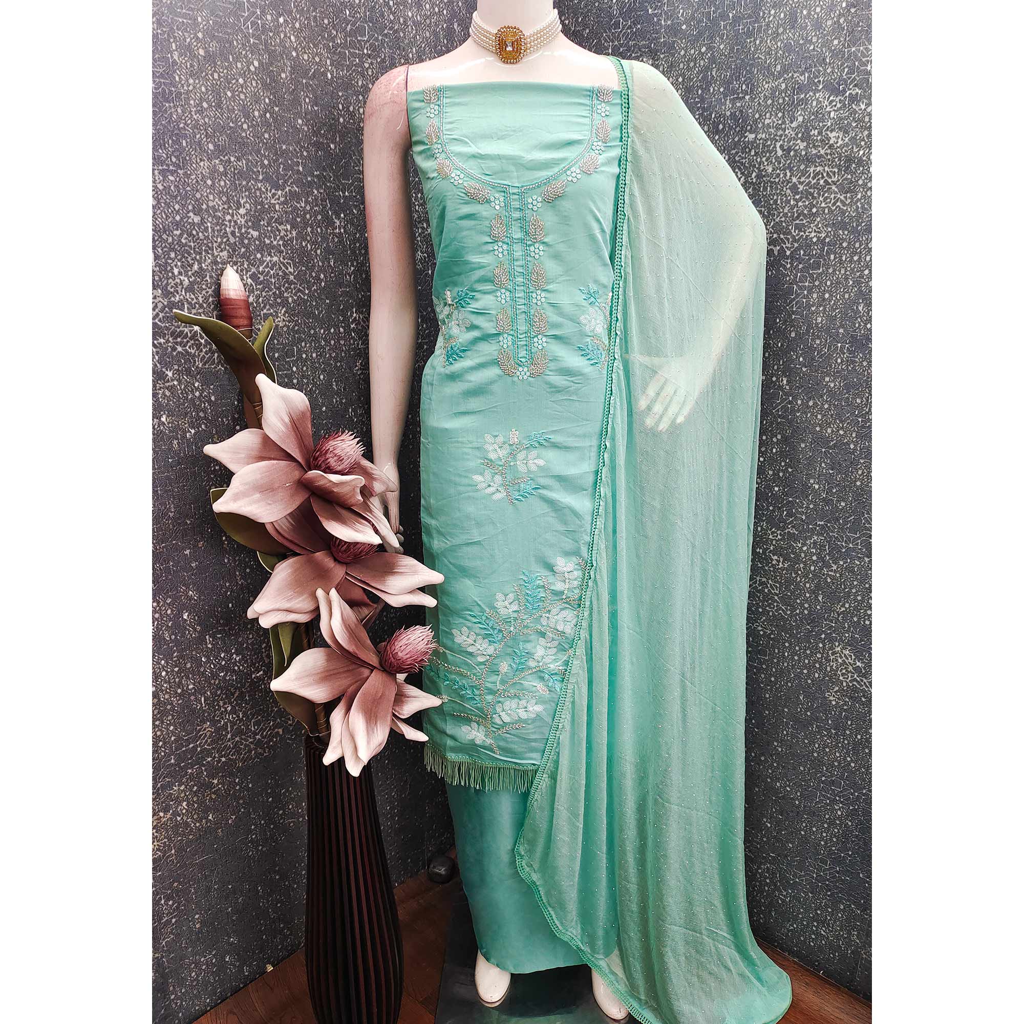 Turquoise Floral Embroidered Viscose Suit Fabric with Exquisite Beads Work - Image 3