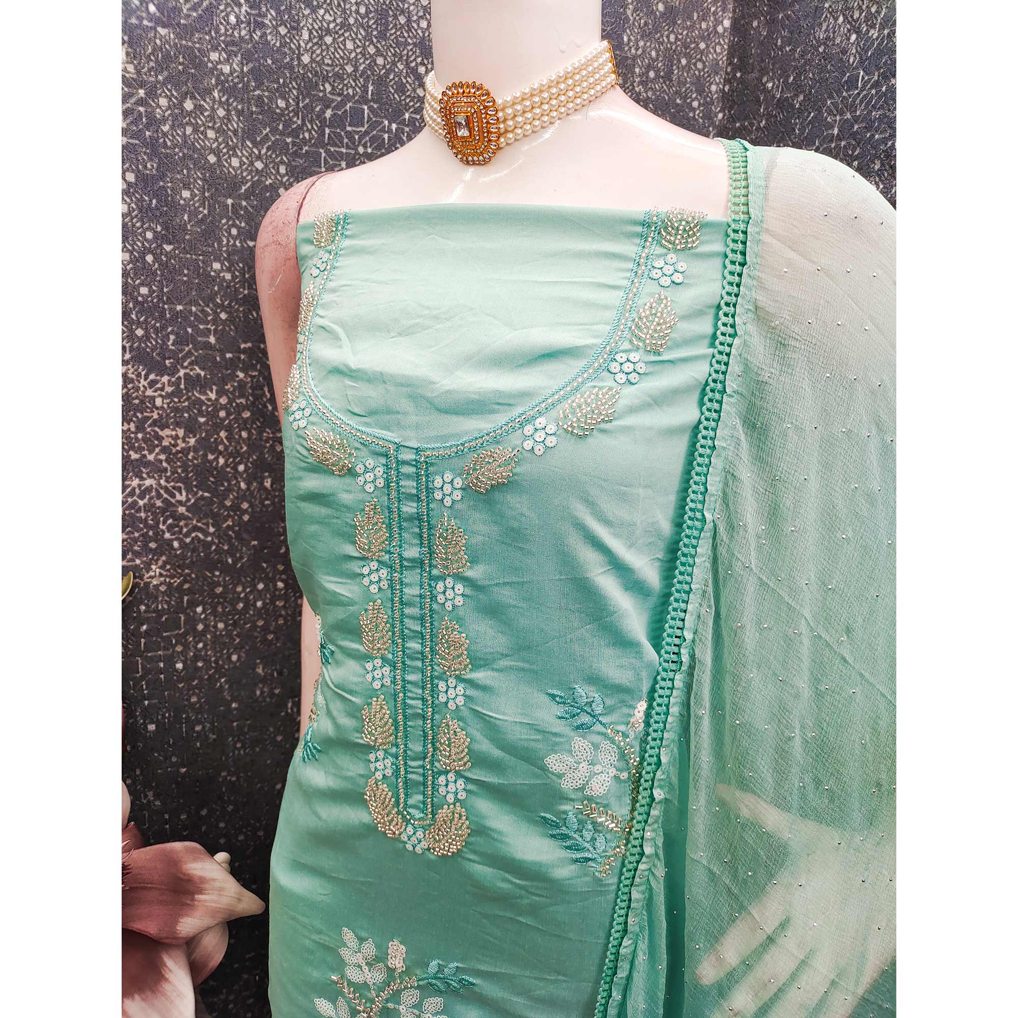 Turquoise Floral Embroidered Viscose Suit Fabric with Exquisite Beads Work - Image 4