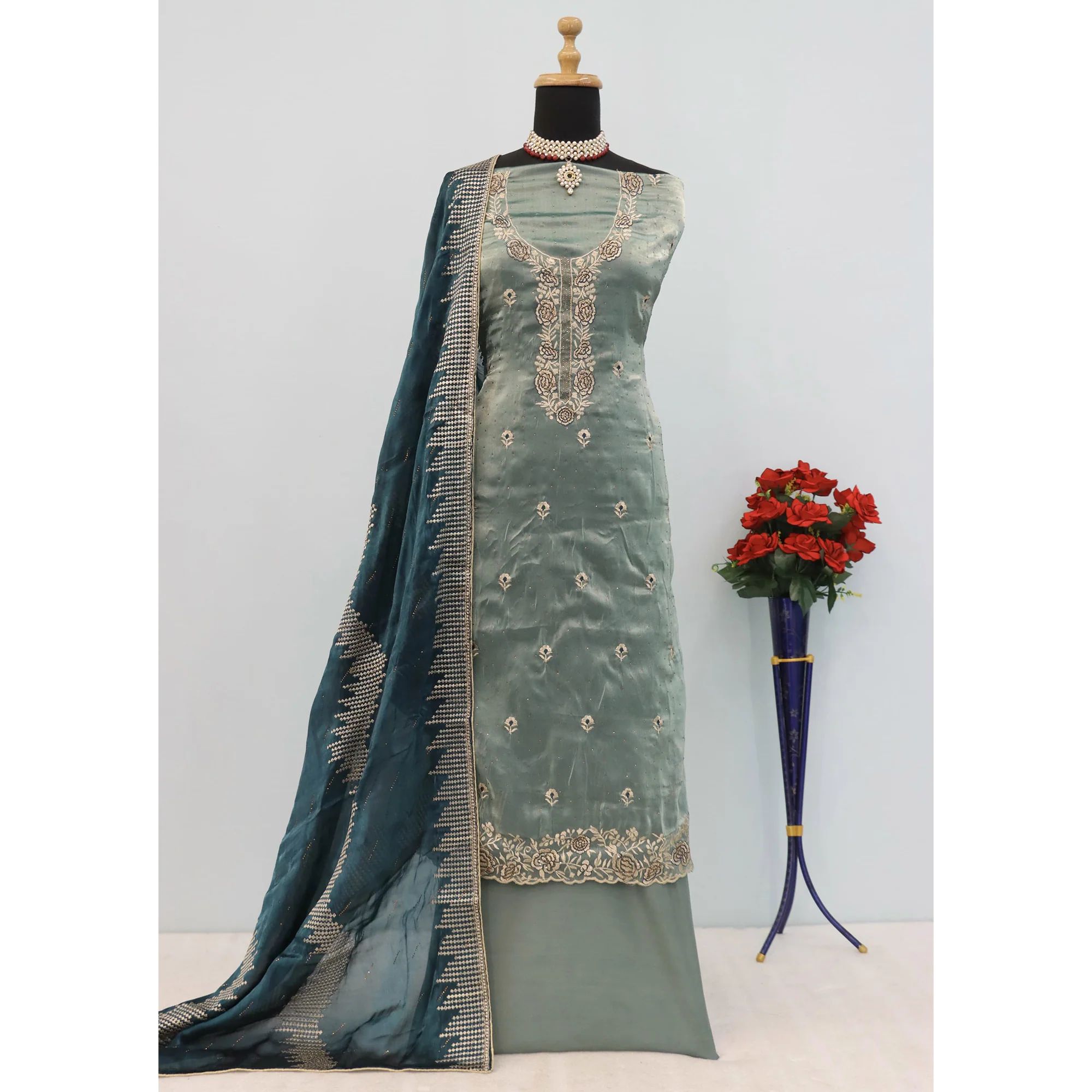 Turquoise Floral Embroidery With Swarovski Work Jimmy Choo Tissue Semi Stitched Suit - Image 4