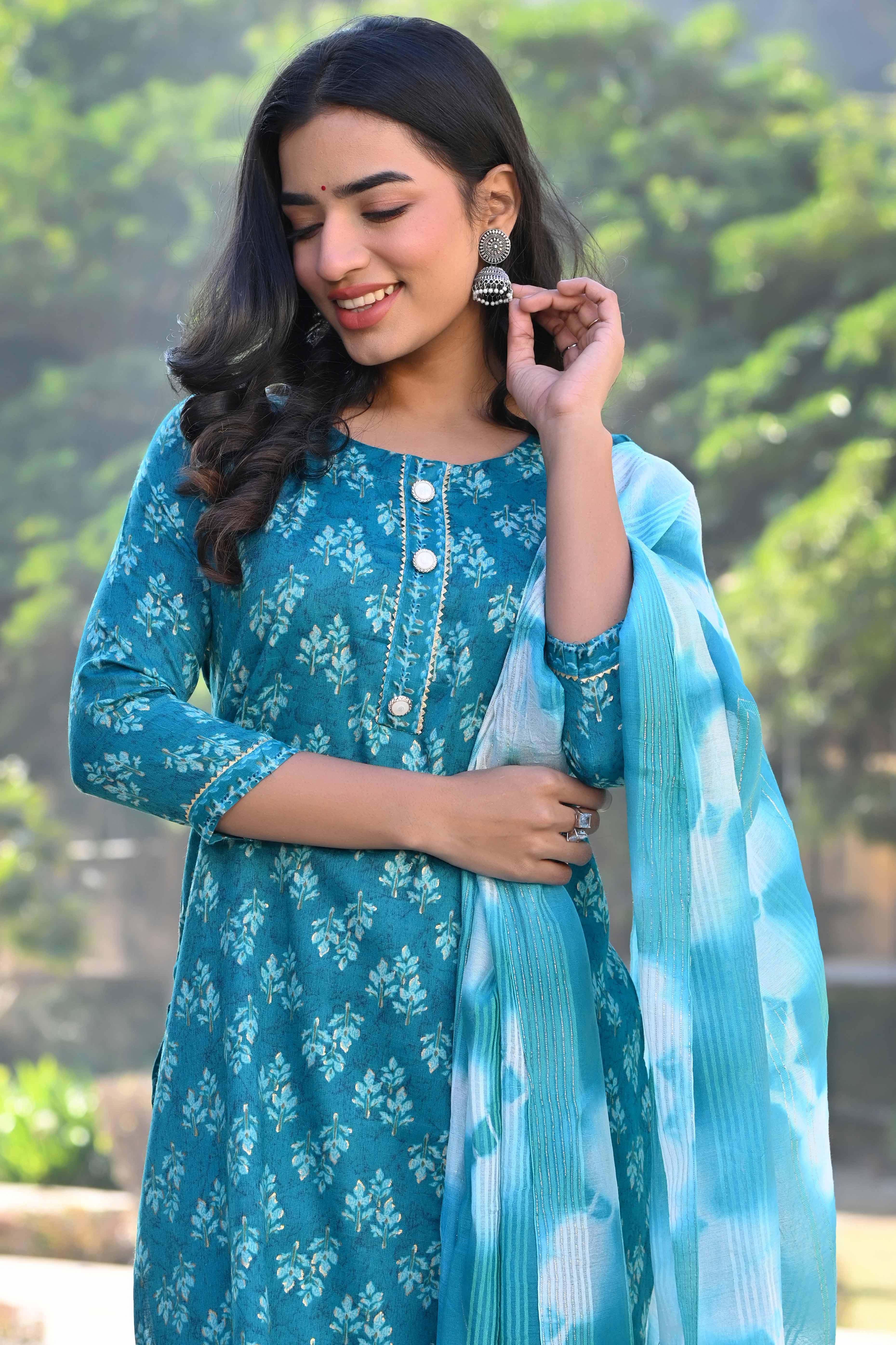 Turquoise Floral Foil Printed Rayon Salwar Suit - Image 9