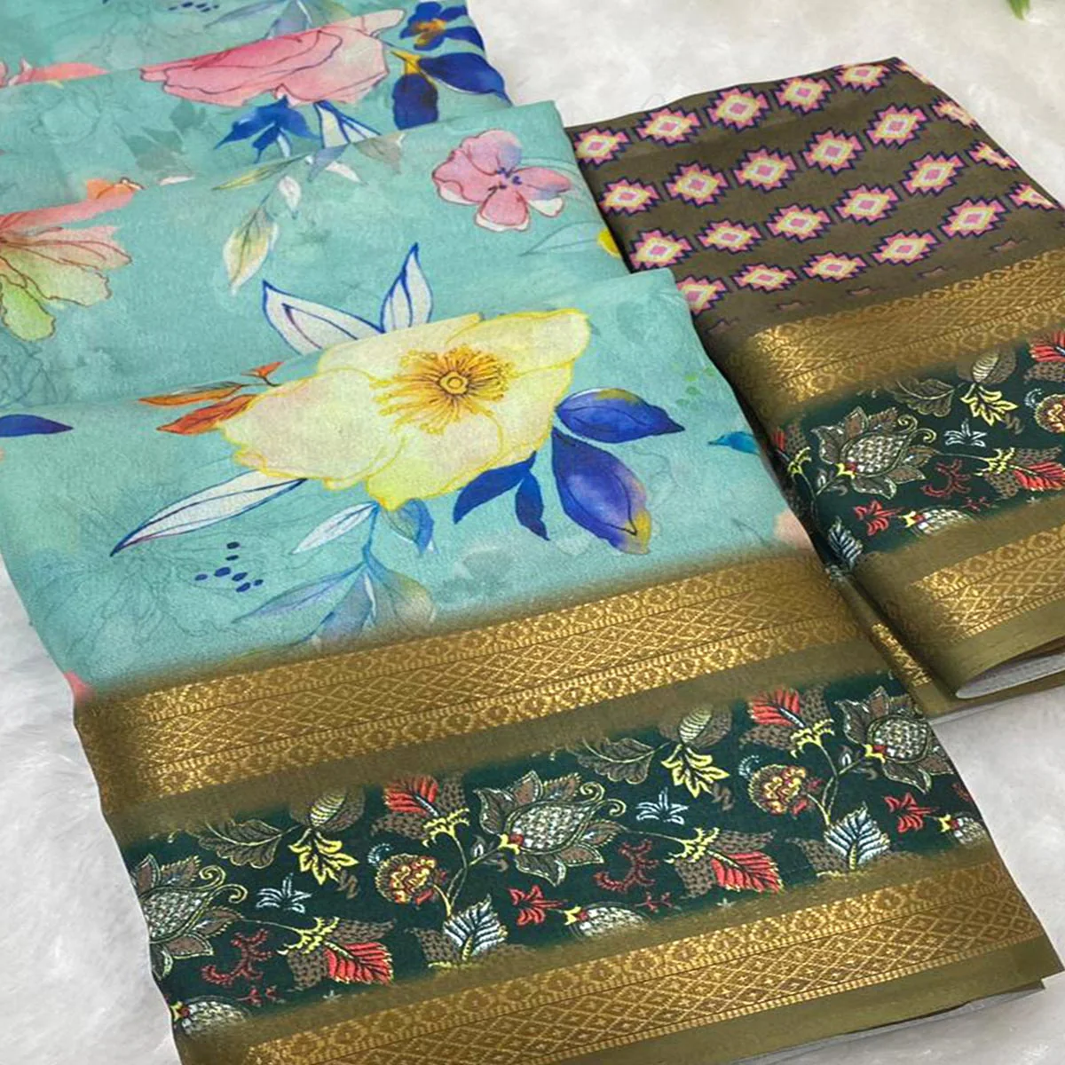 Turquoise Floral Moss Georgette Saree with Elegant Drape & Soft Texture - Image 2