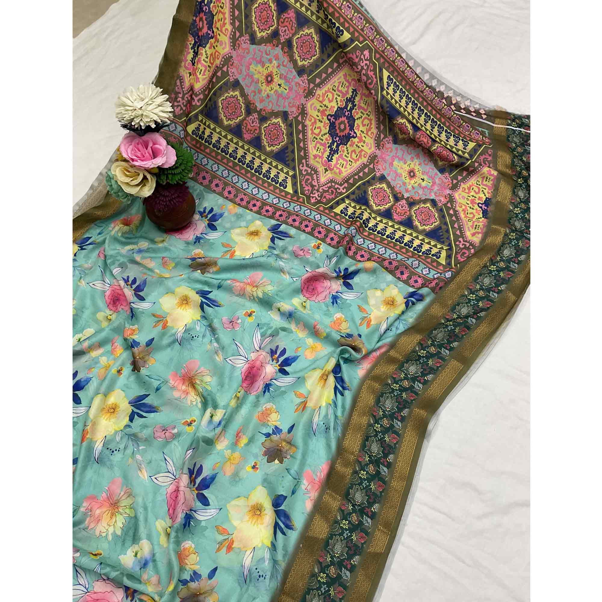Turquoise Floral Moss Georgette Saree with Elegant Drape & Soft Texture - Image 3
