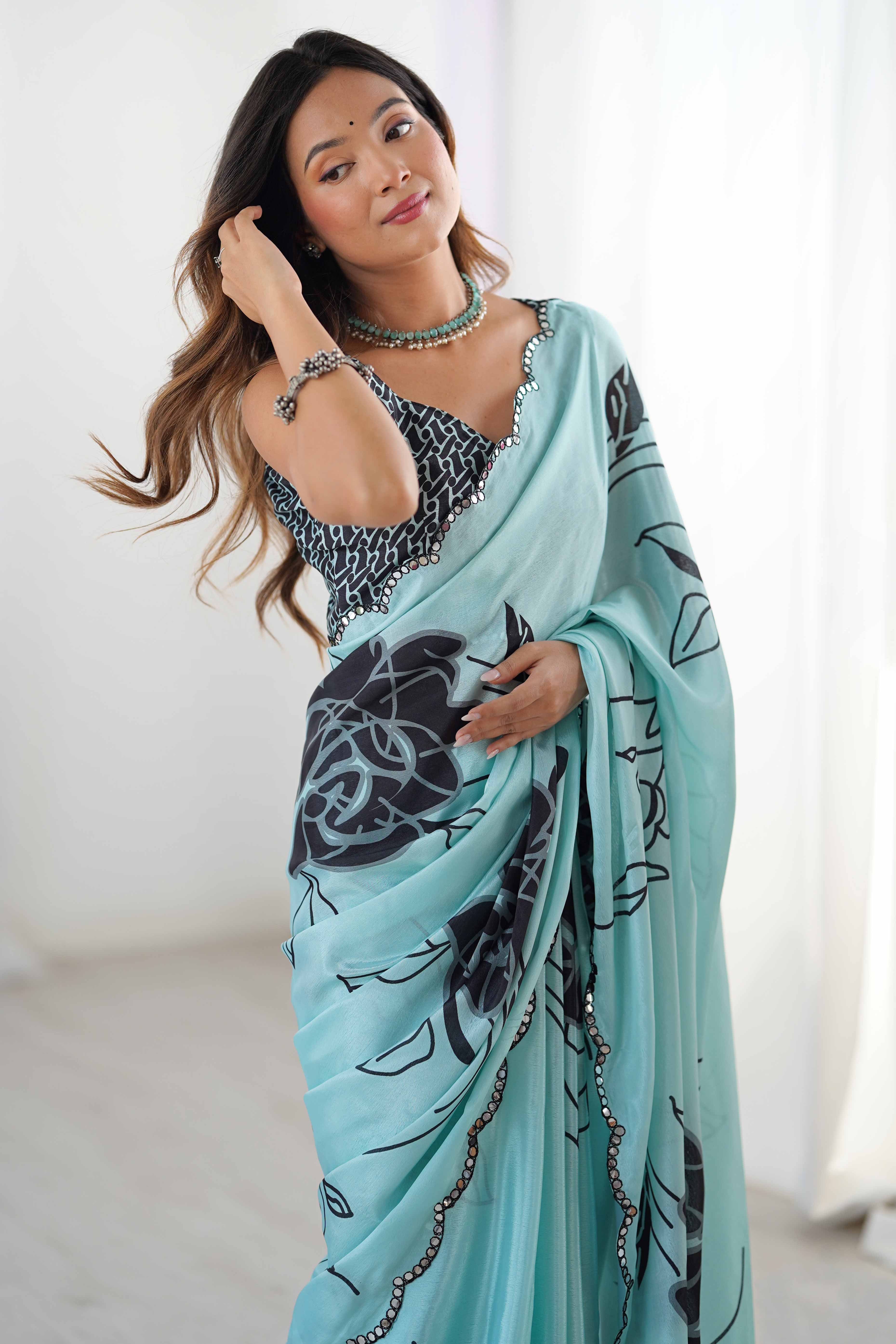 Turquoise Floral Printed Chinon Saree With Shimmering Mirror Detailing - Image 7
