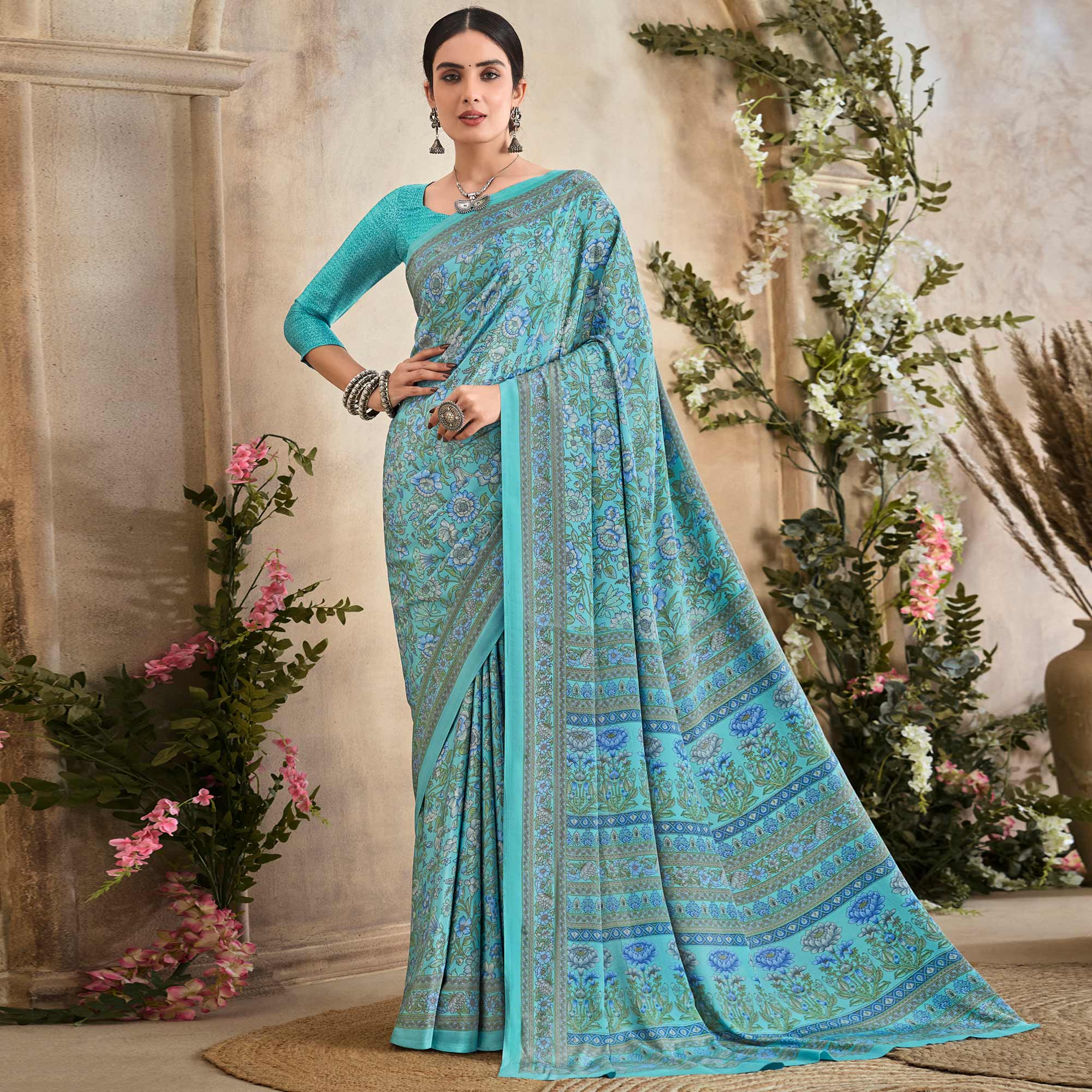 Turquoise Floral Printed Crepe Silk Saree - Image 2