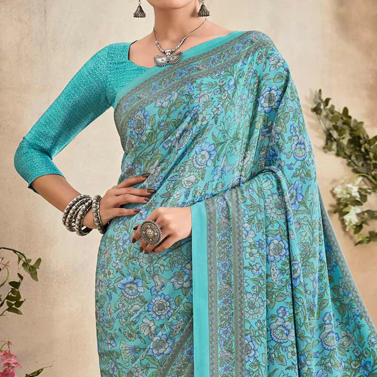 Turquoise Floral Printed Crepe Silk Saree - Image 3