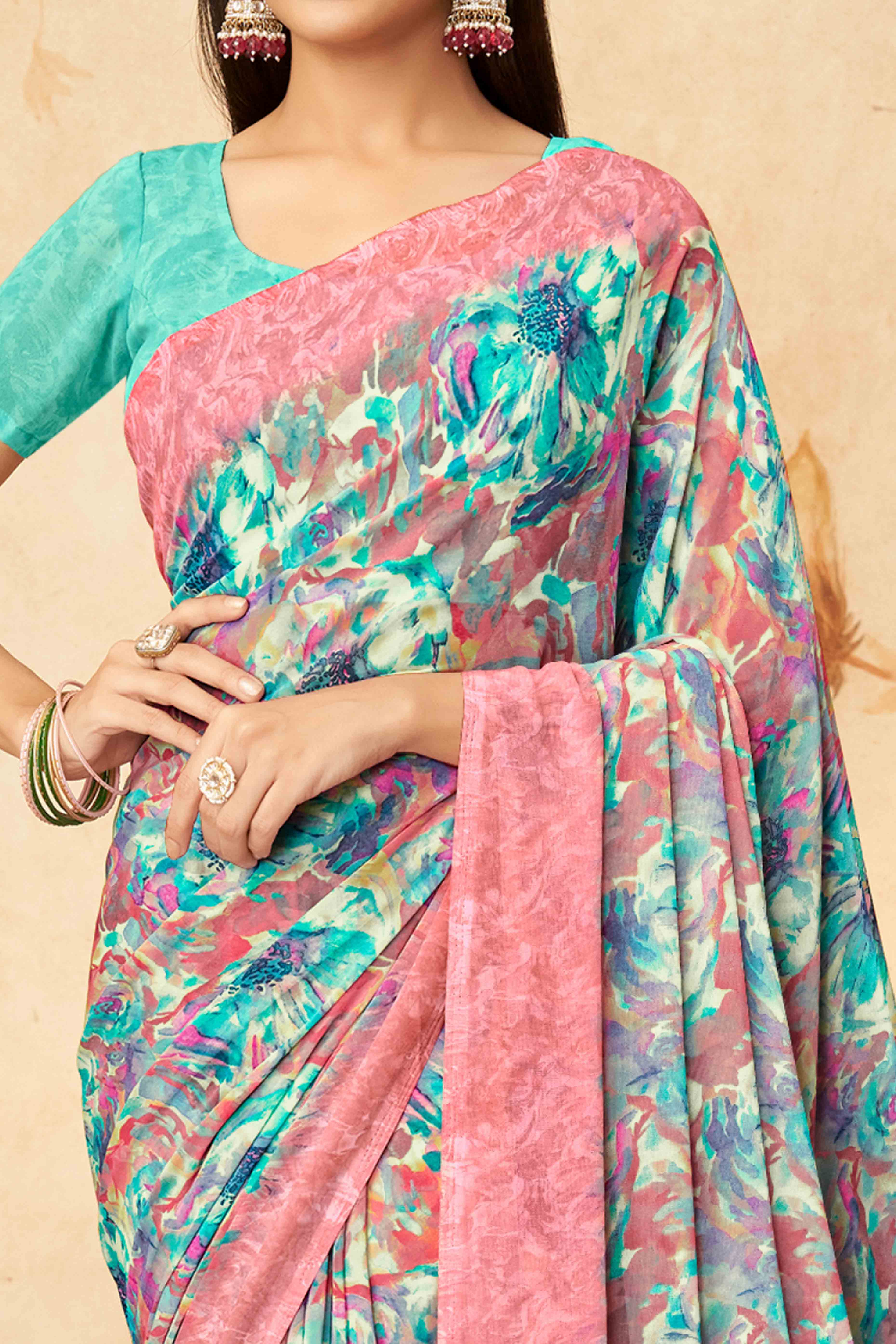 Turquoise Floral Printed Georgette Saree - Image 2