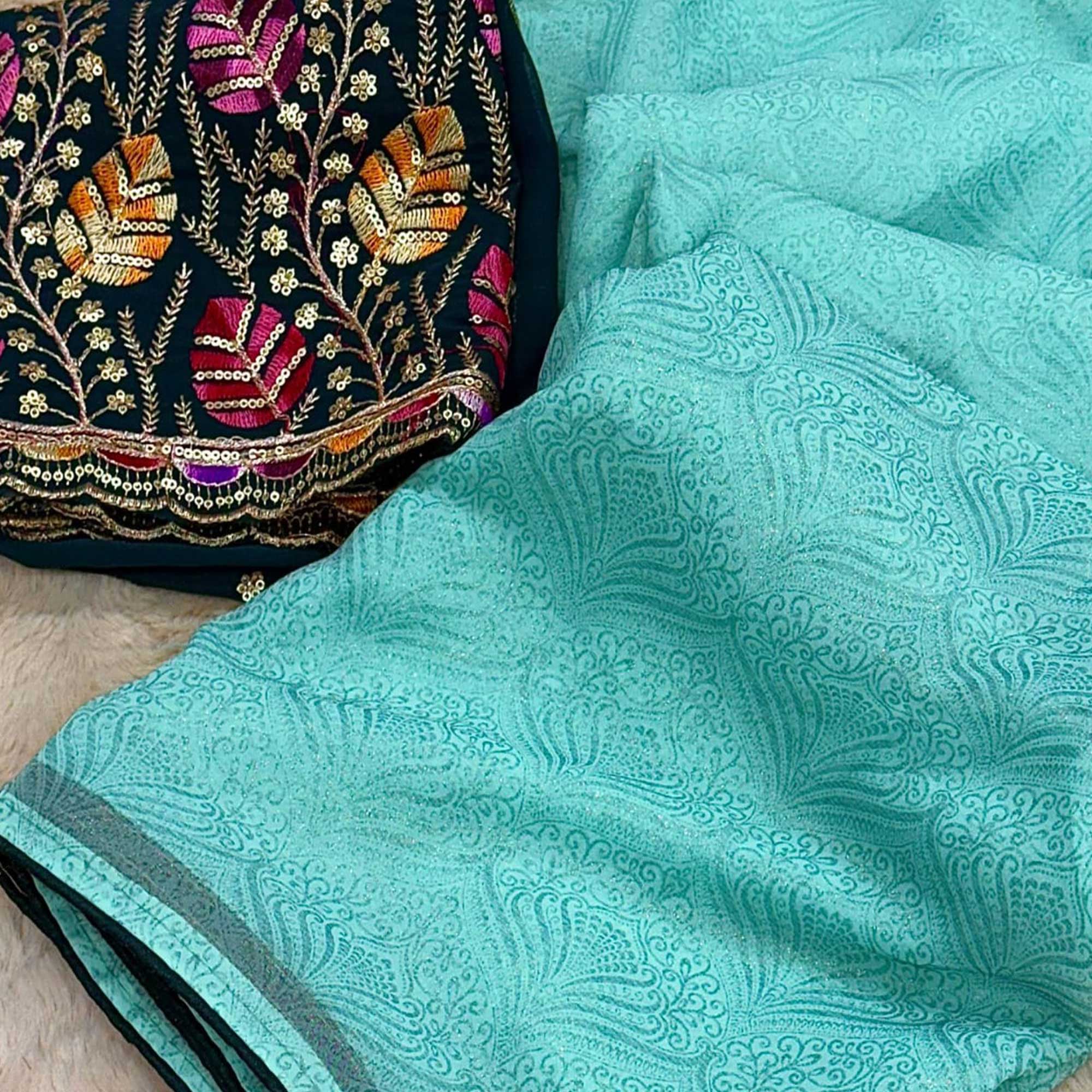 Turquoise Floral Printed Georgette Saree - Image 3