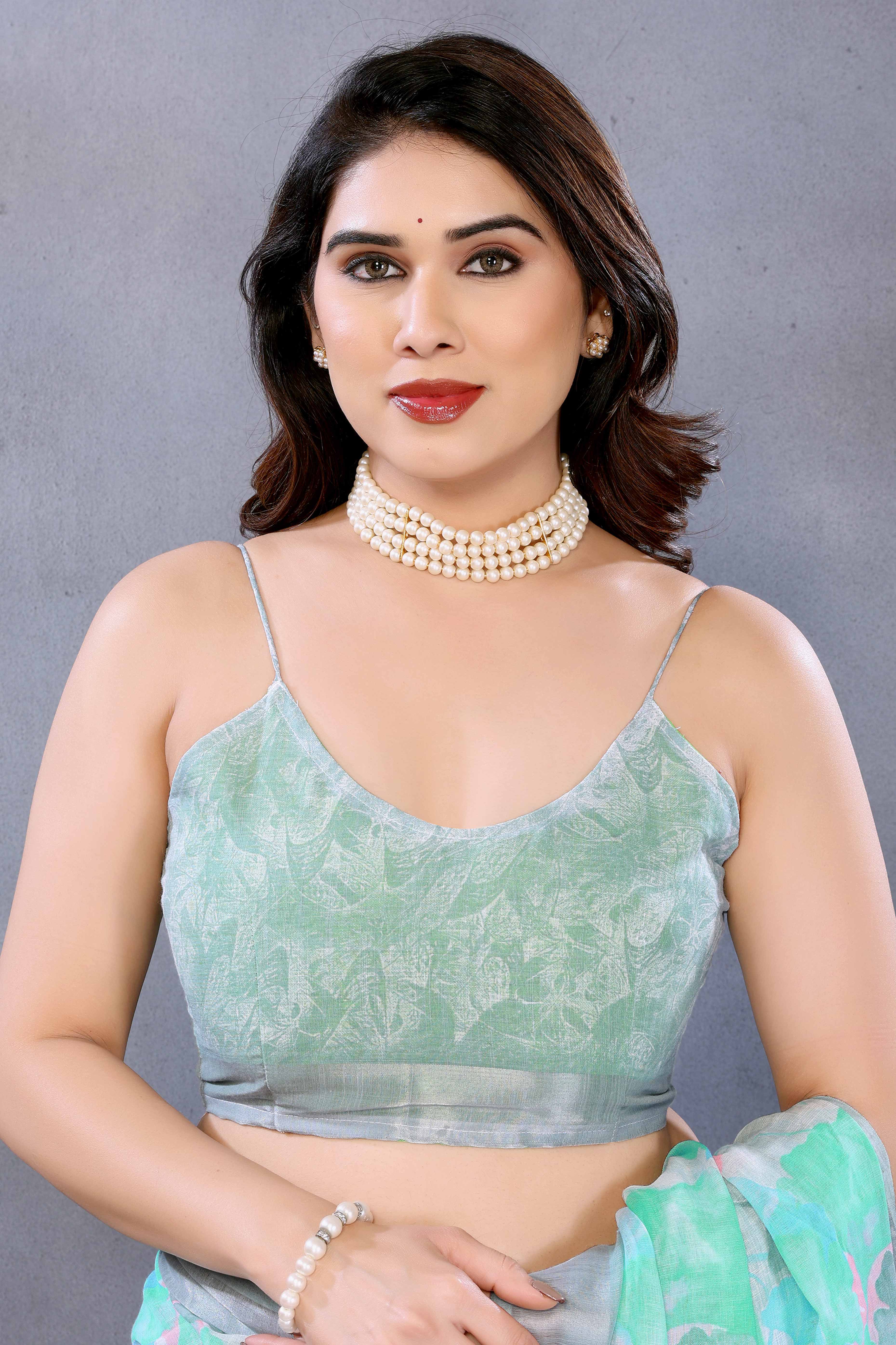 Turquoise Floral Printed Linen Saree Accented With A Classic Patta Border - Image 7