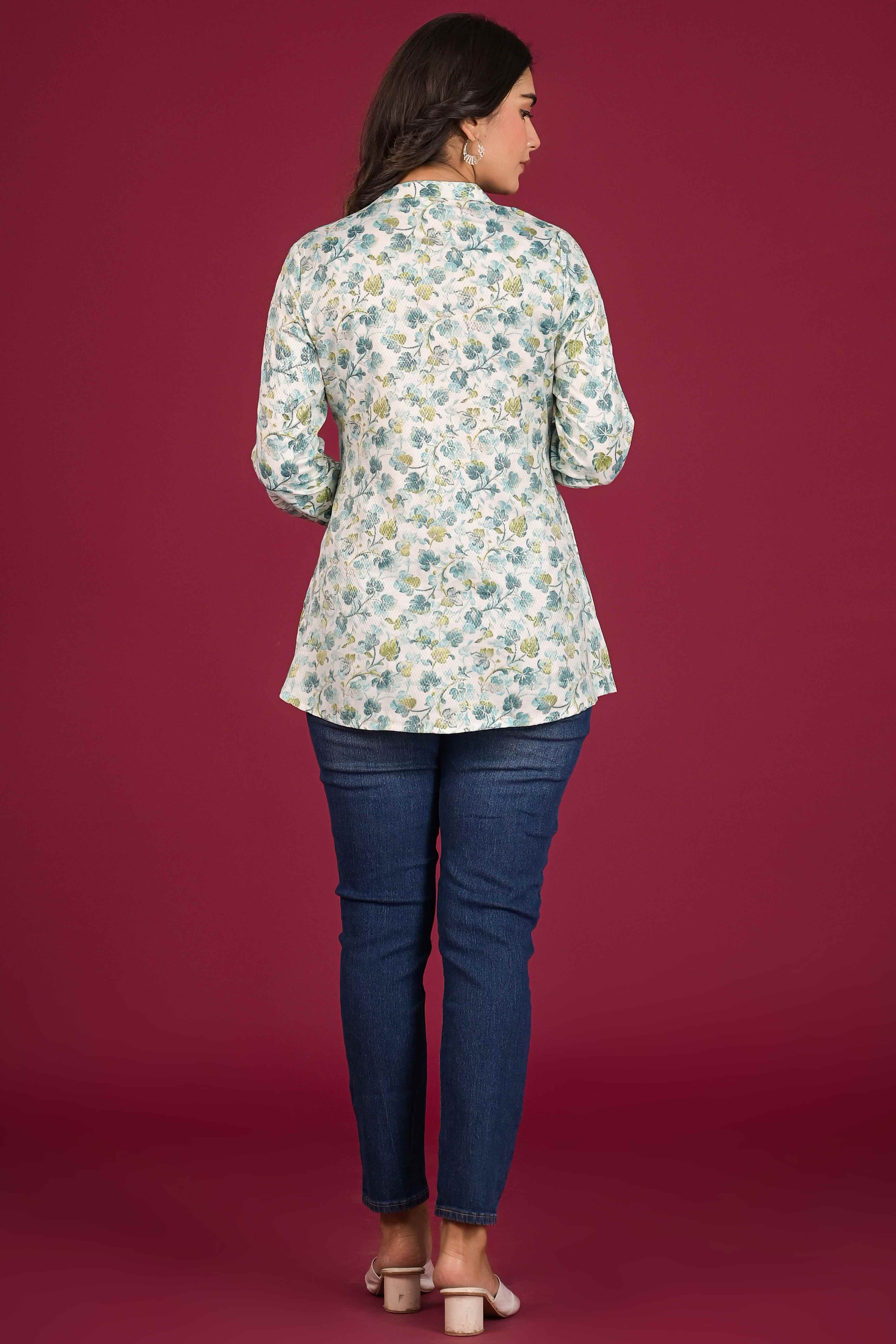 Turquoise Floral Printed Pure Cotton Chikankari Top - Image 3