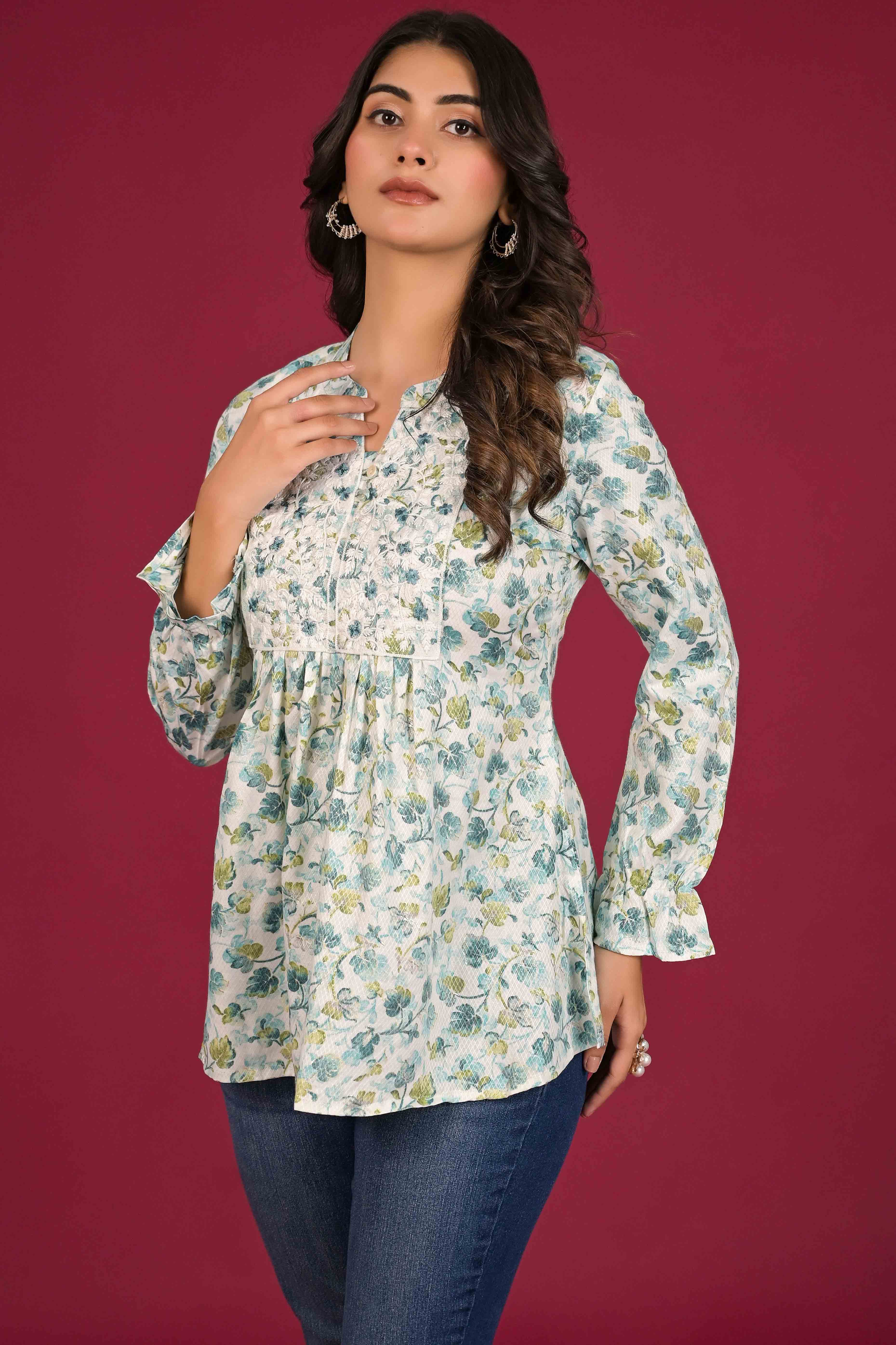 Turquoise Floral Printed Pure Cotton Chikankari Top - Image 4