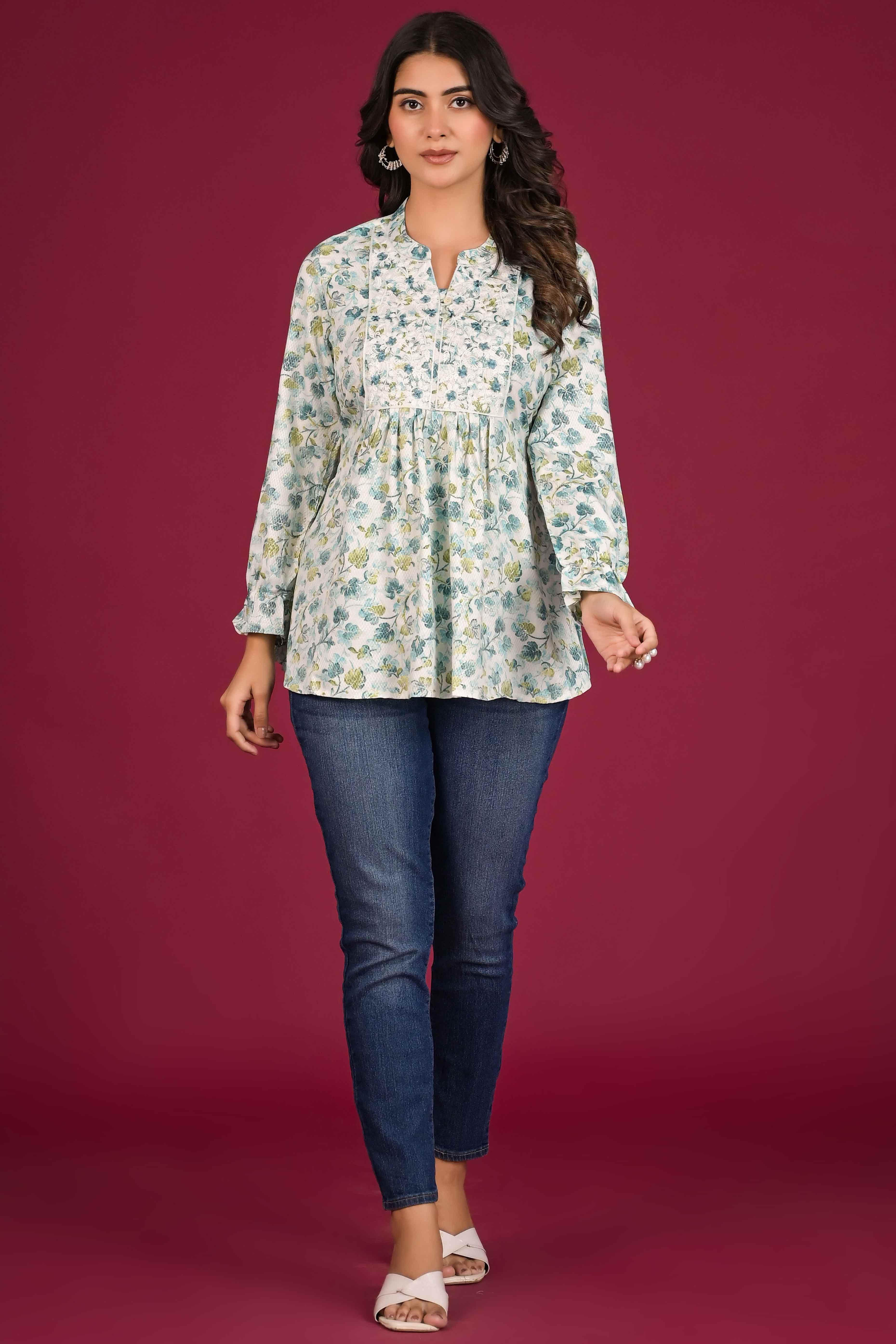 Turquoise Floral Printed Pure Cotton Chikankari Top - Image 6