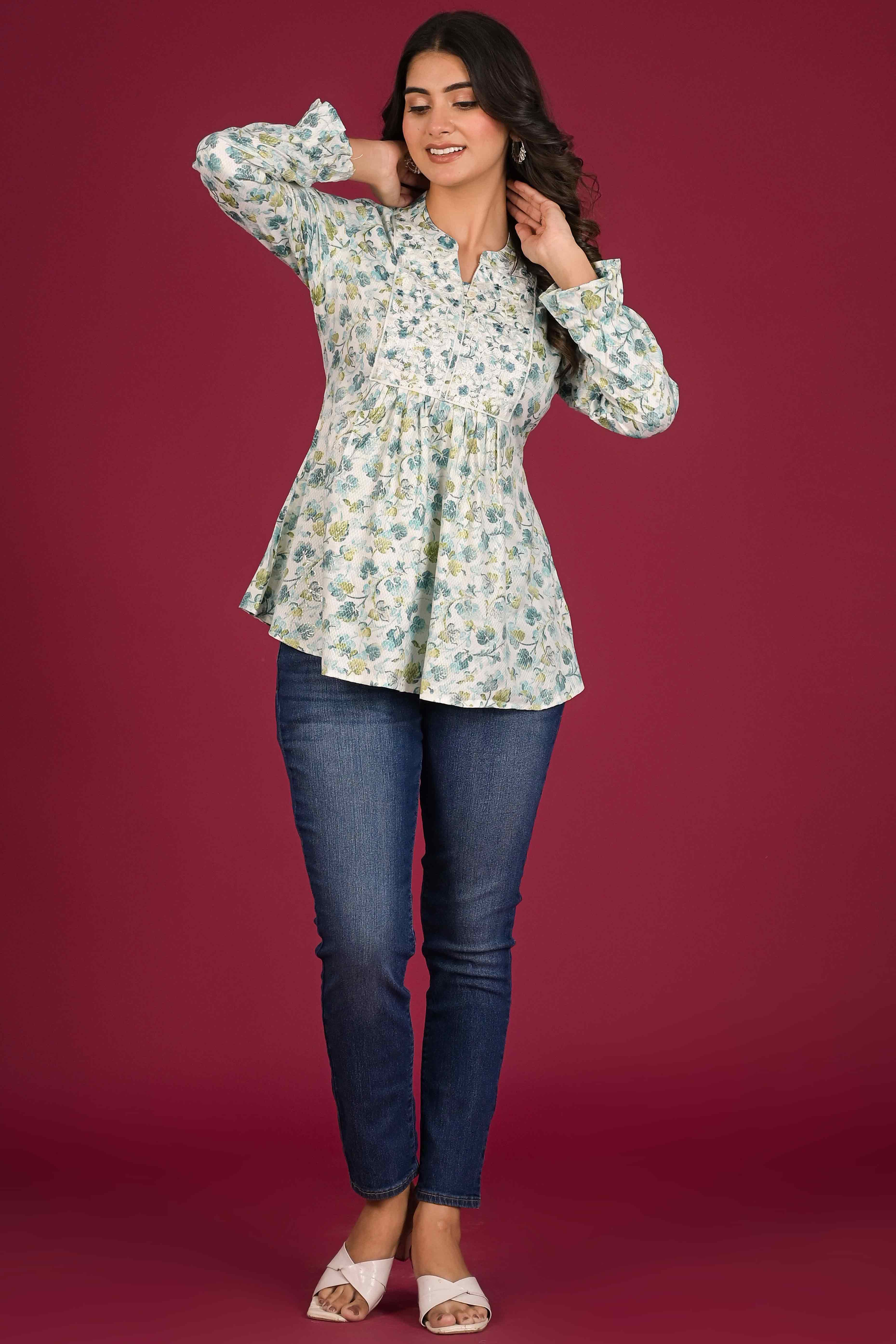 Turquoise Floral Printed Pure Cotton Chikankari Top - Image 8