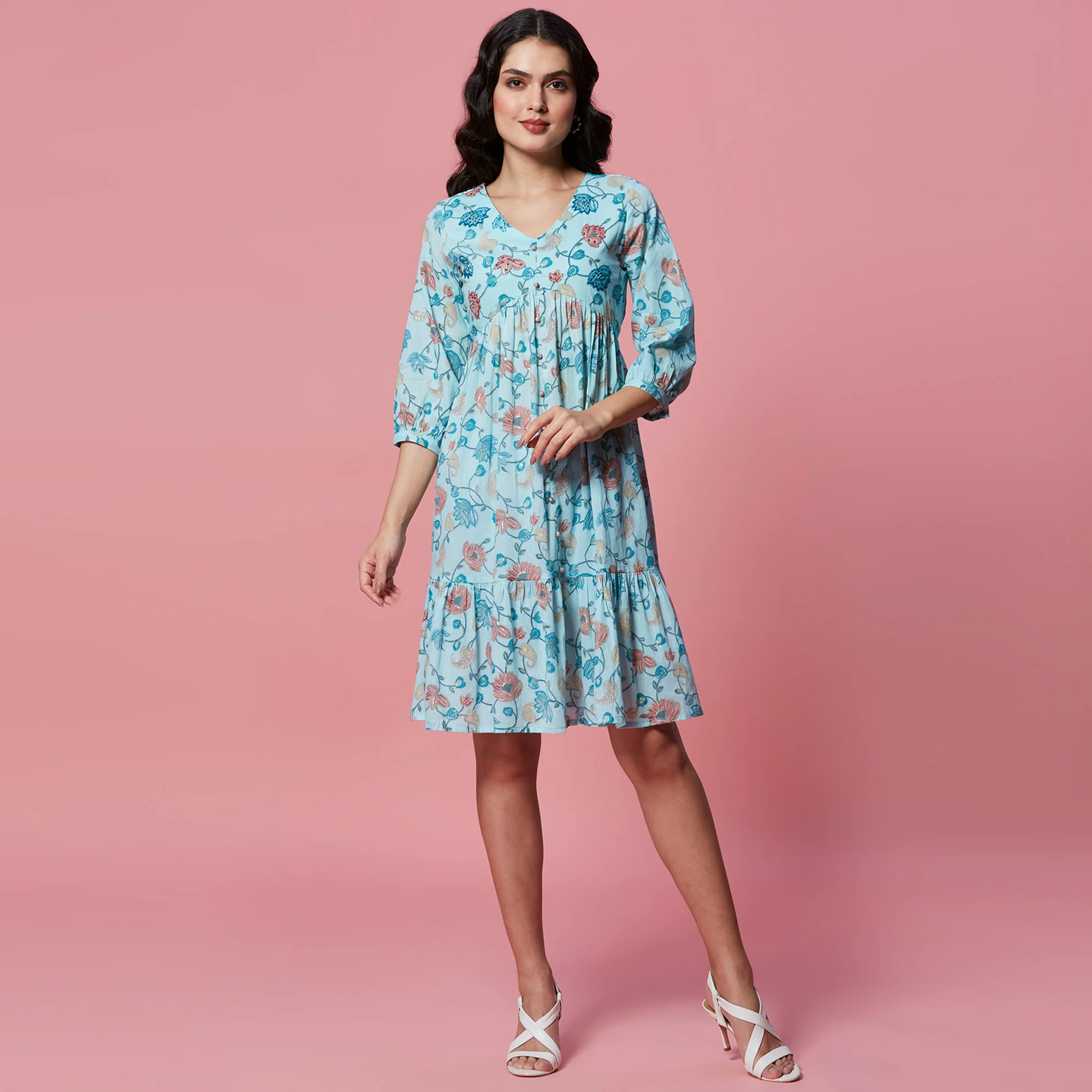 Turquoise Floral Printed Pure Cotton Dress - Image 2