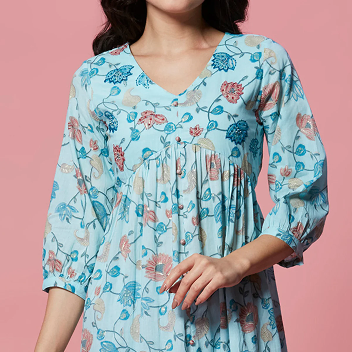 Turquoise Floral Printed Pure Cotton Dress - Image 3