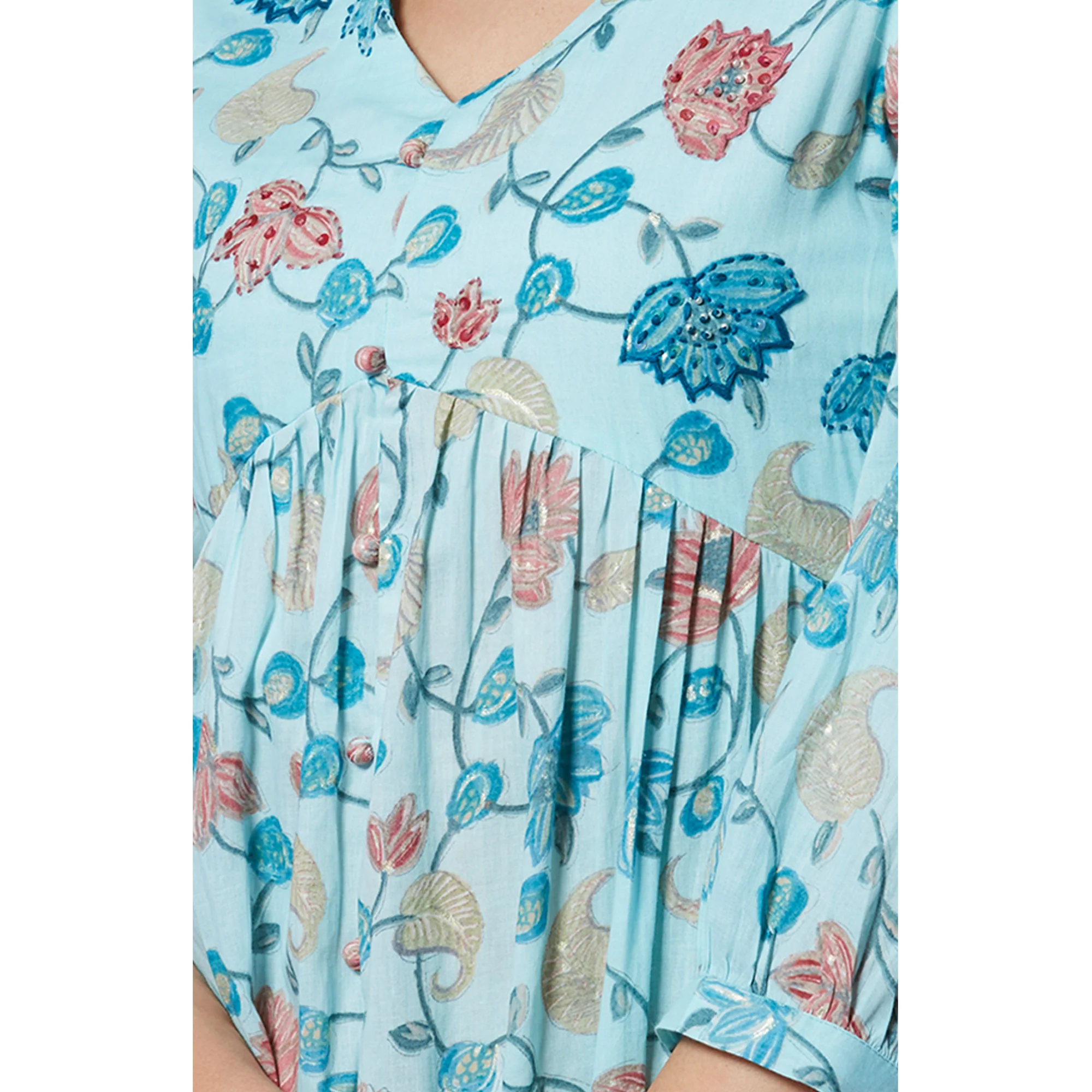 Turquoise Floral Printed Pure Cotton Dress - Image 4