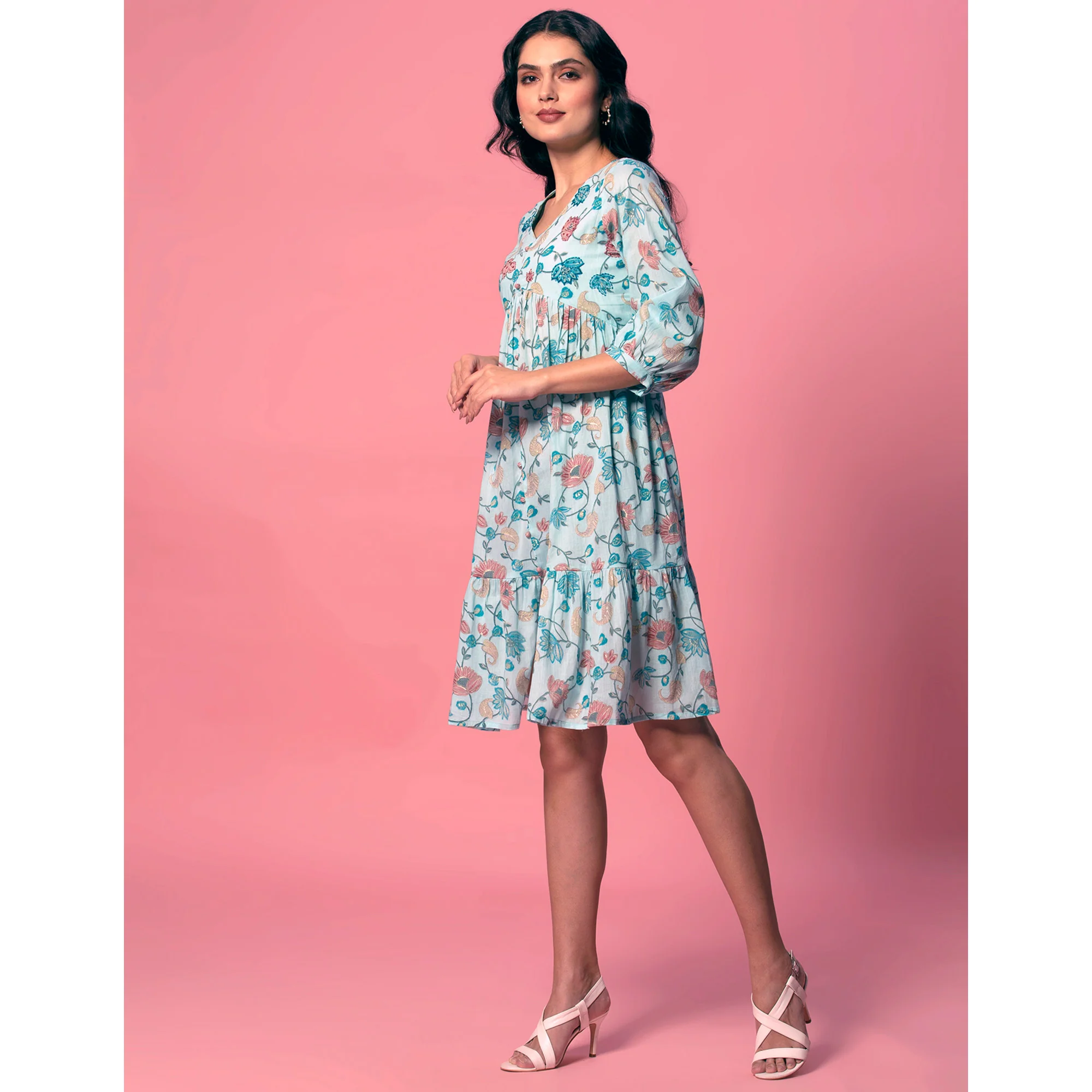 Turquoise Floral Printed Pure Cotton Dress - Image 5