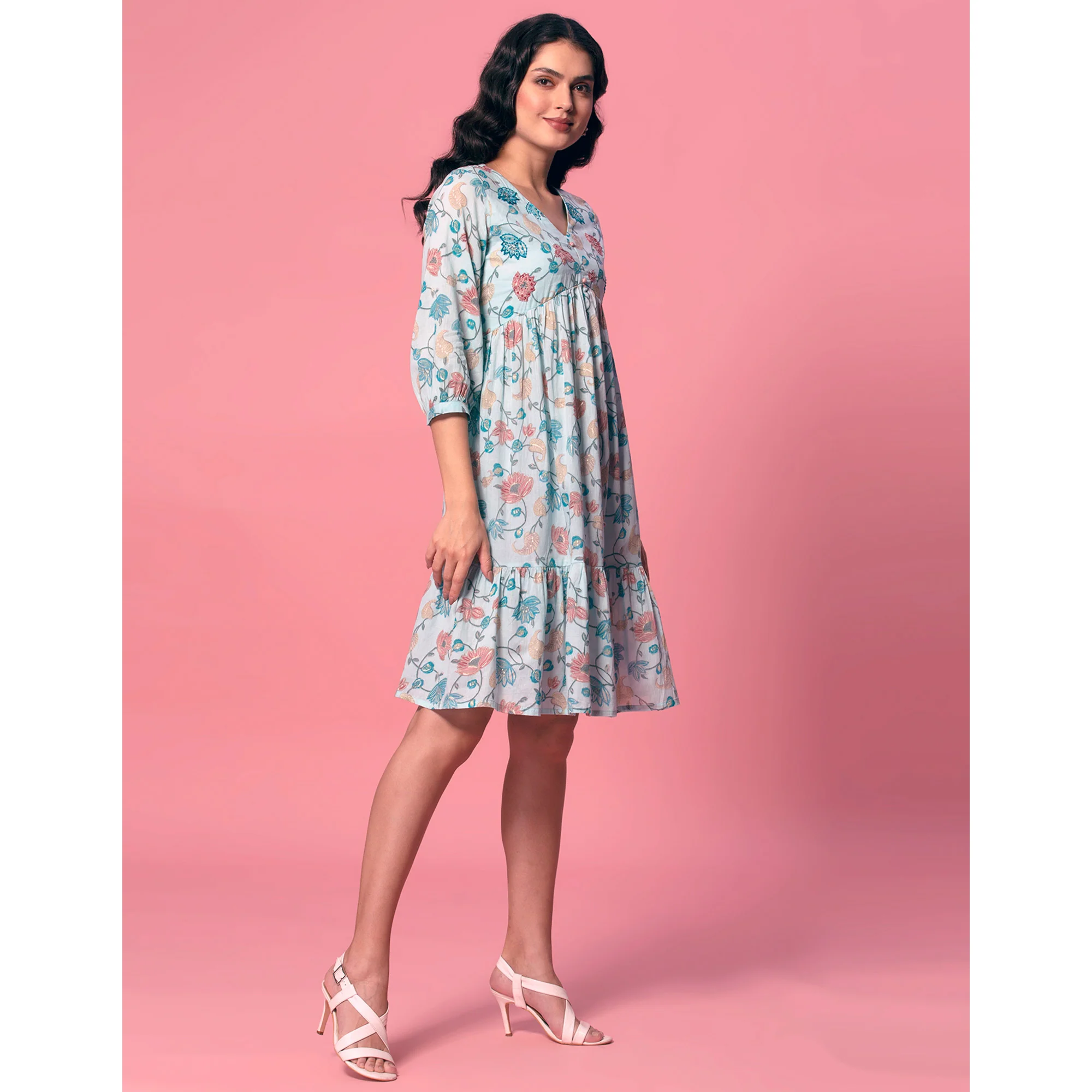 Turquoise Floral Printed Pure Cotton Dress - Image 6