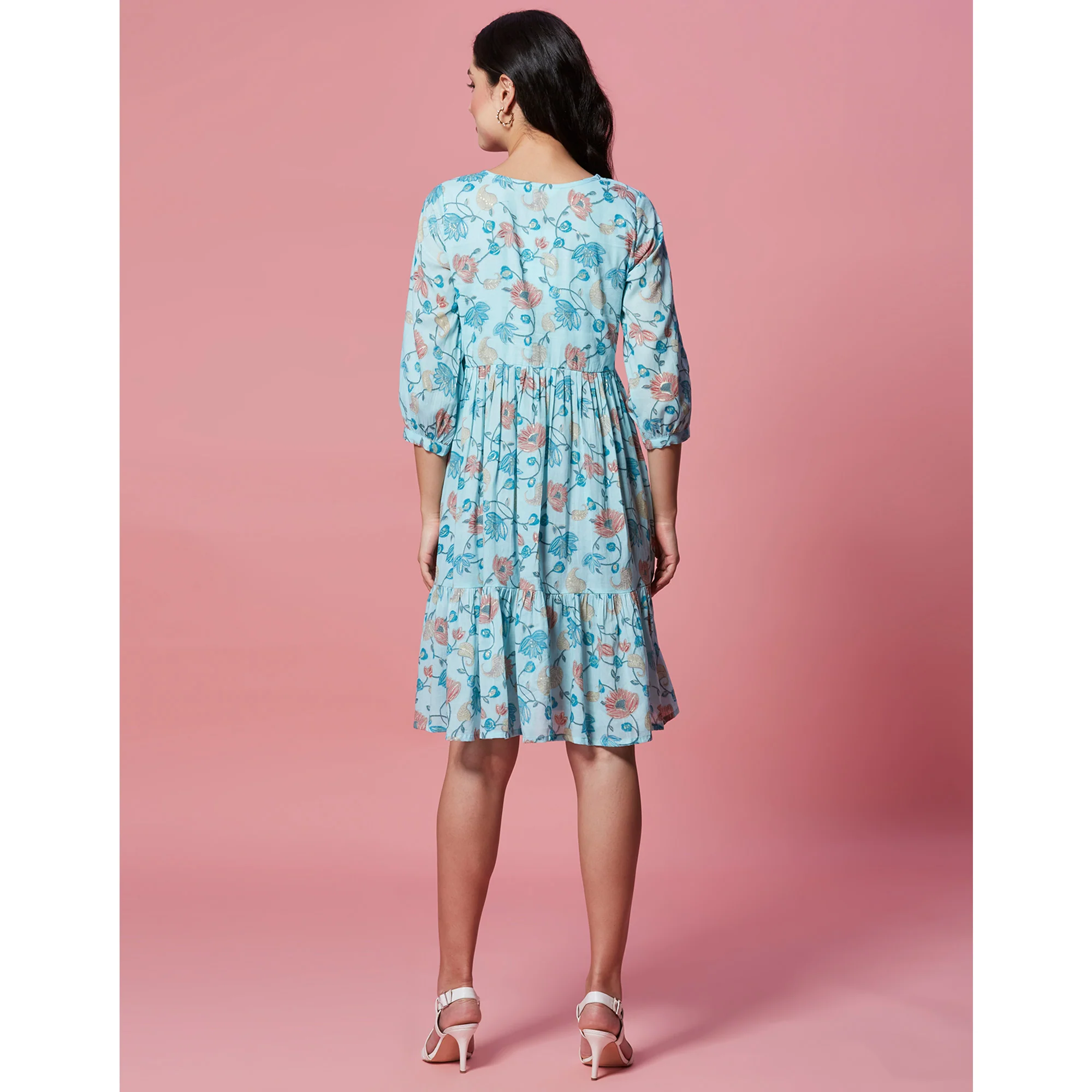 Turquoise Floral Printed Pure Cotton Dress - Image 7