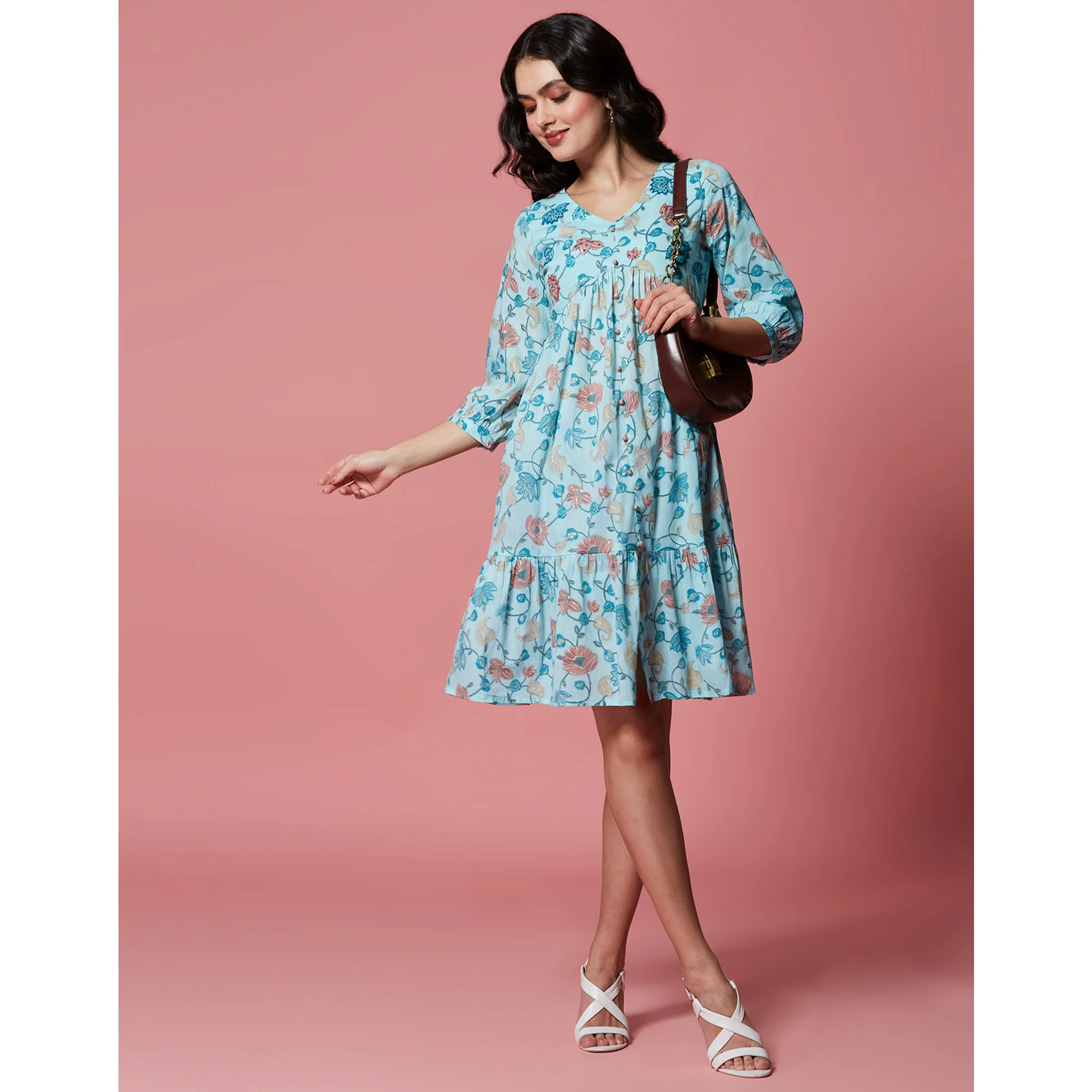 Turquoise Floral Printed Pure Cotton Dress - Image 8