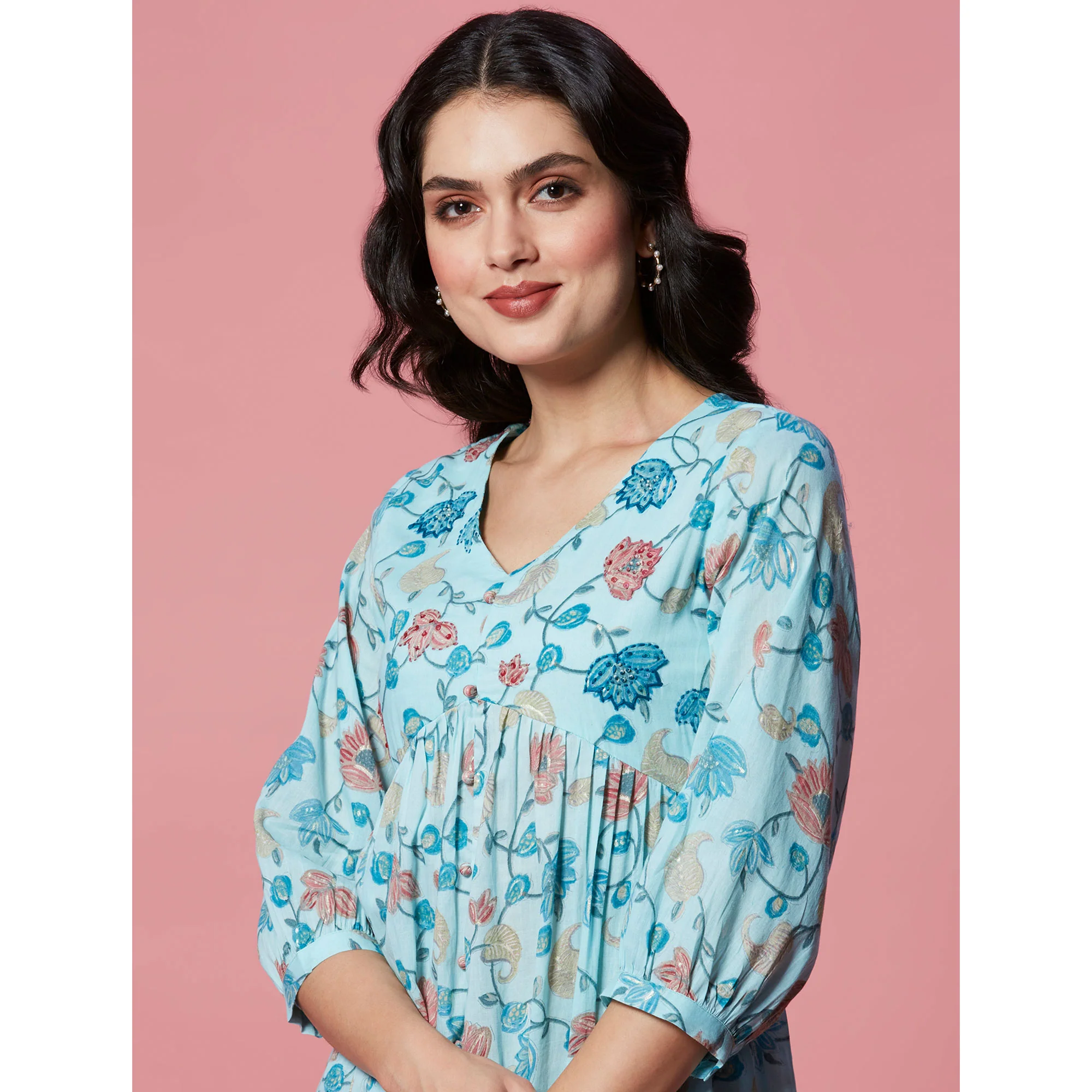 Turquoise Floral Printed Pure Cotton Dress - Image 9
