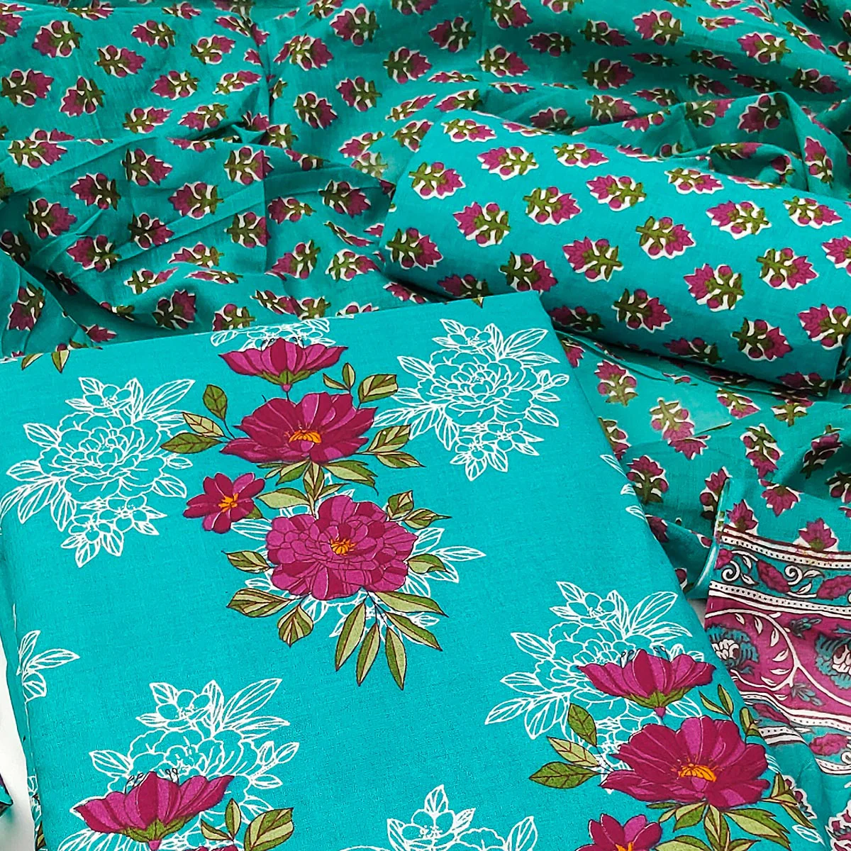Turquoise Floral Printed Pure Cotton Dress Material - Image 2