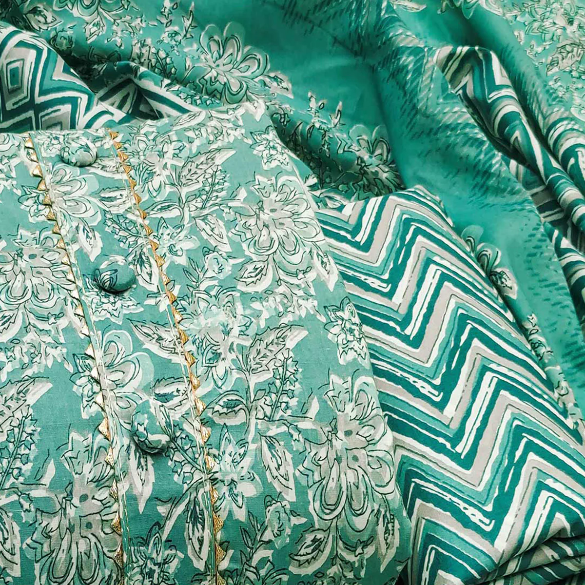 Turquoise Floral Printed Pure Cotton Dress Material - Image 2