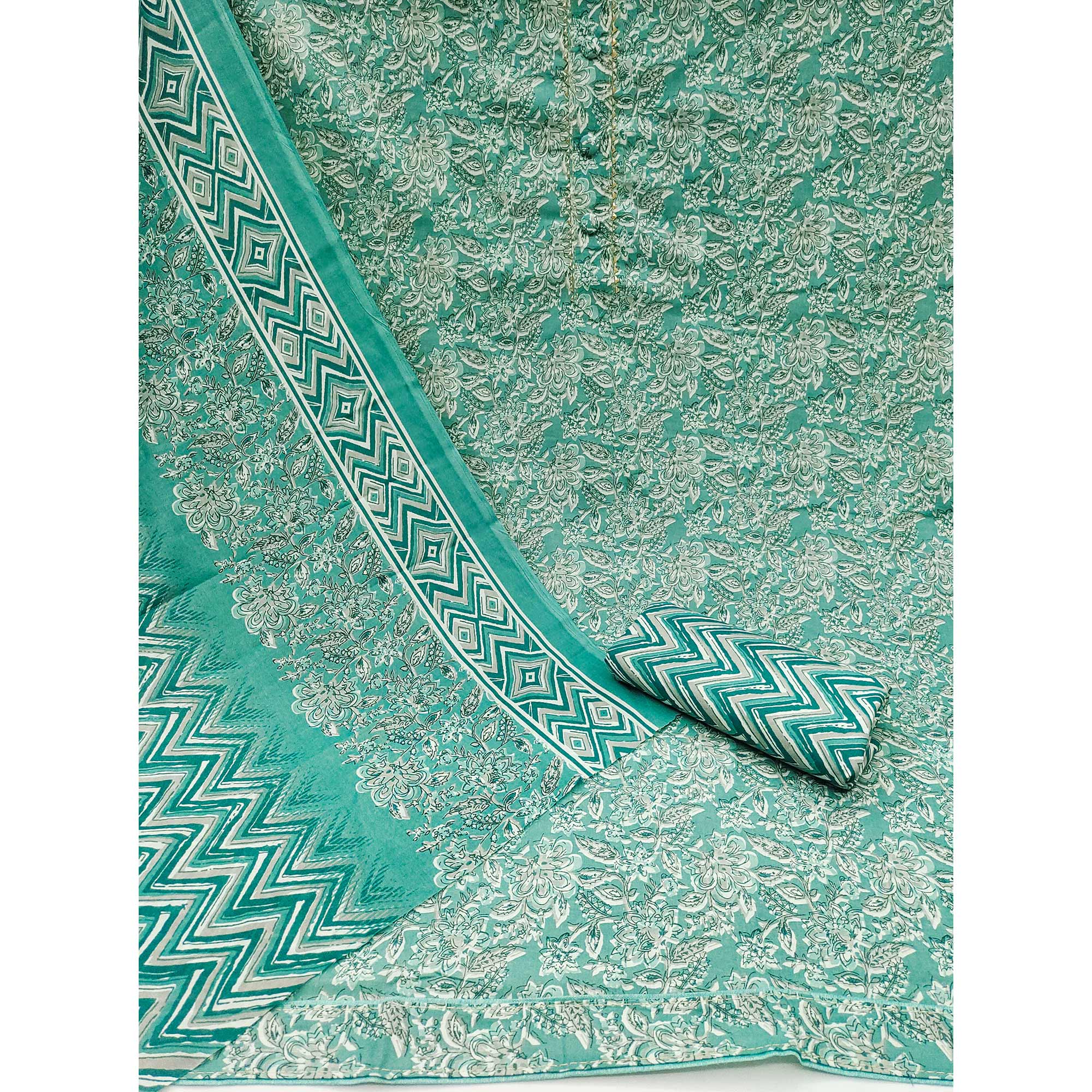 Turquoise Floral Printed Pure Cotton Dress Material - Image 3