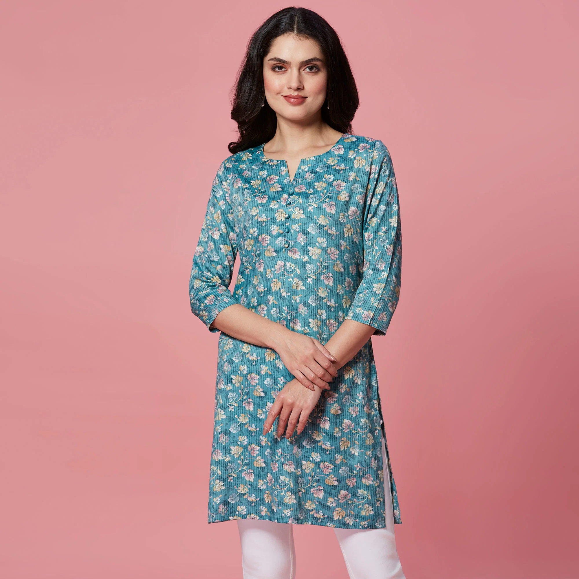 Turquoise Floral Printed Pure Cotton Straight Kurti - Image 2