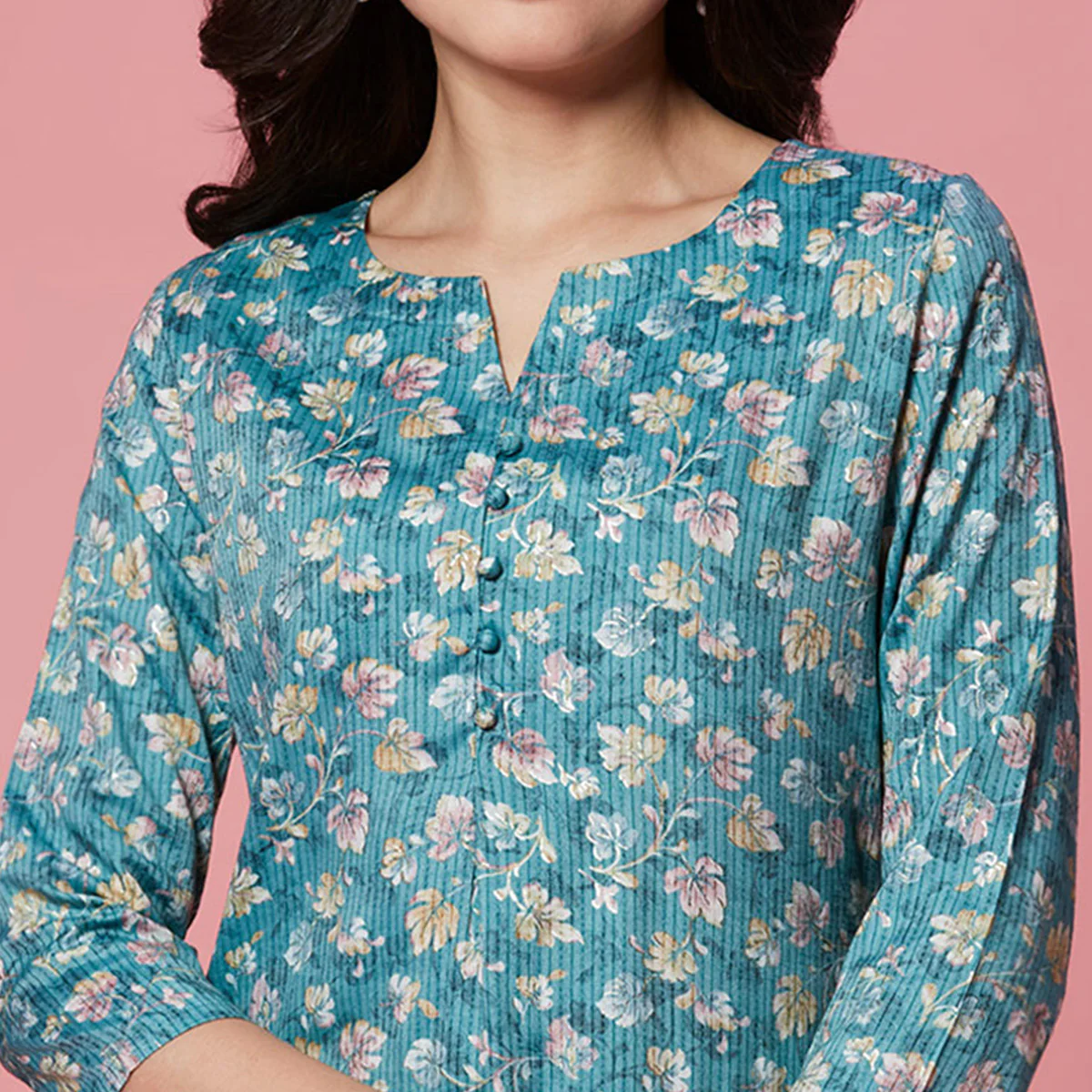 Turquoise Floral Printed Pure Cotton Straight Kurti - Image 3
