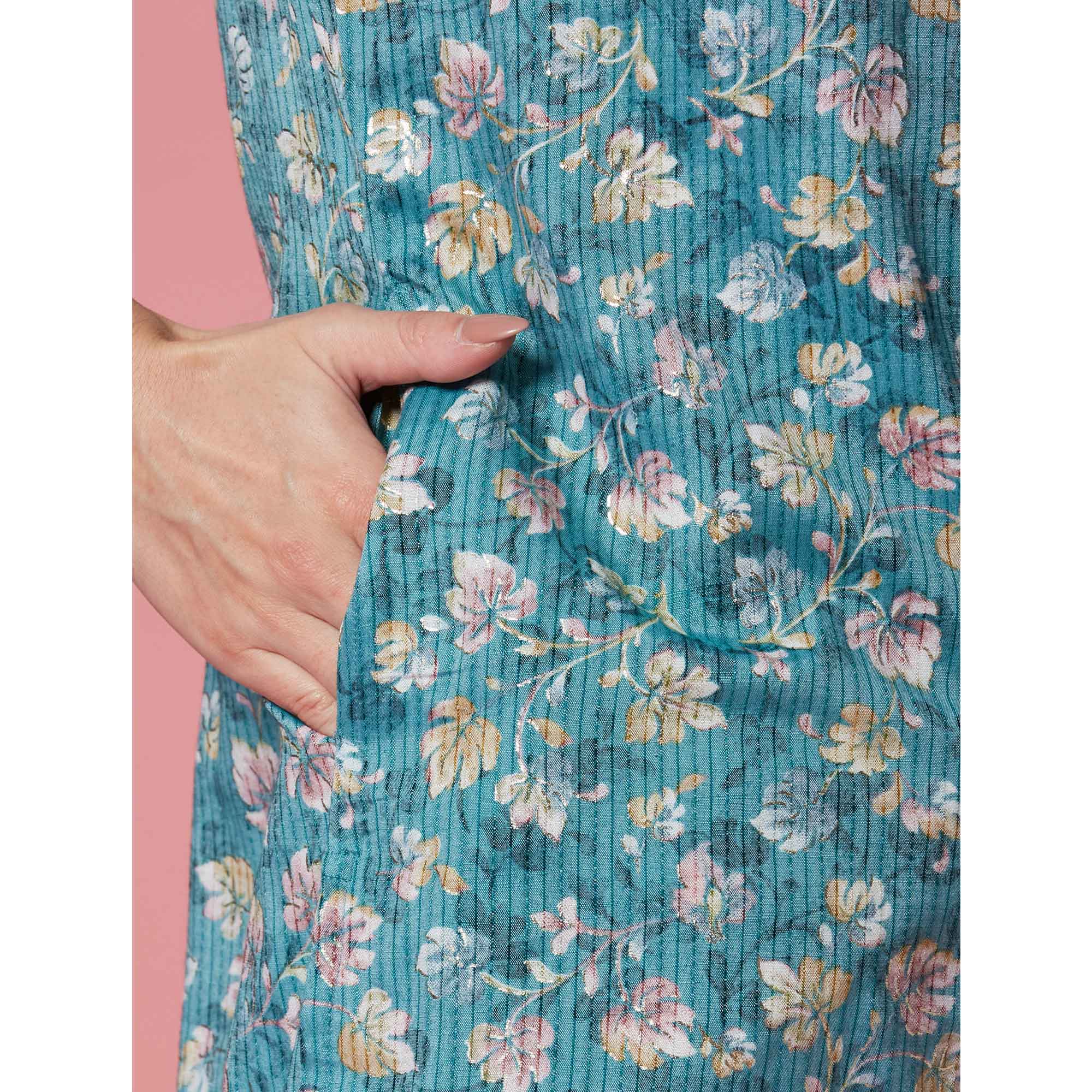 Turquoise Floral Printed Pure Cotton Straight Kurti - Image 4
