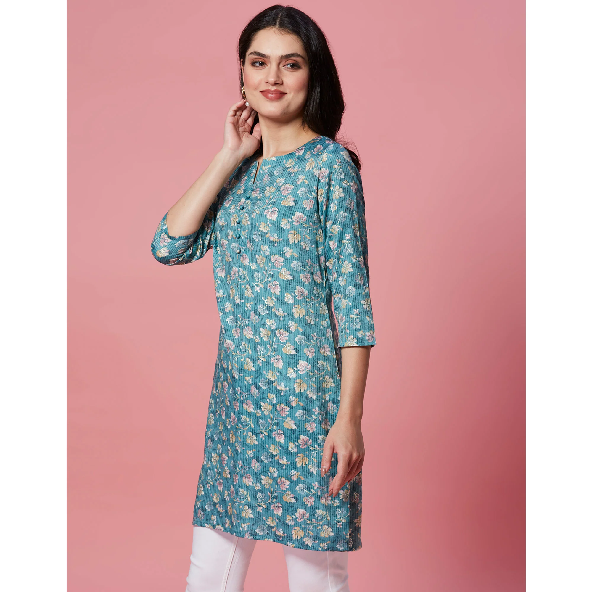 Turquoise Floral Printed Pure Cotton Straight Kurti - Image 5