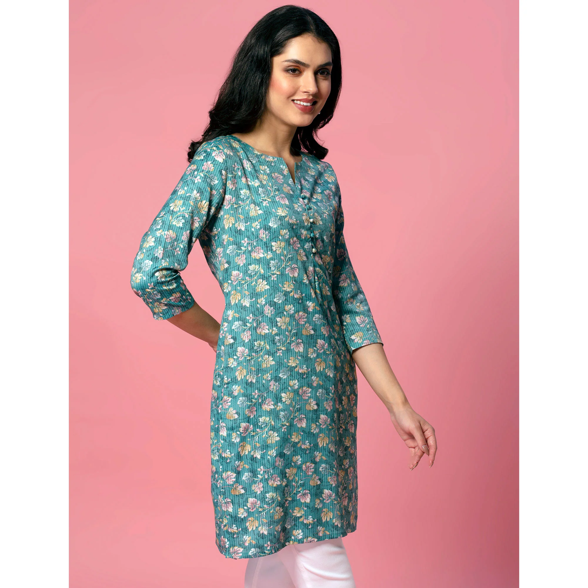 Turquoise Floral Printed Pure Cotton Straight Kurti - Image 6
