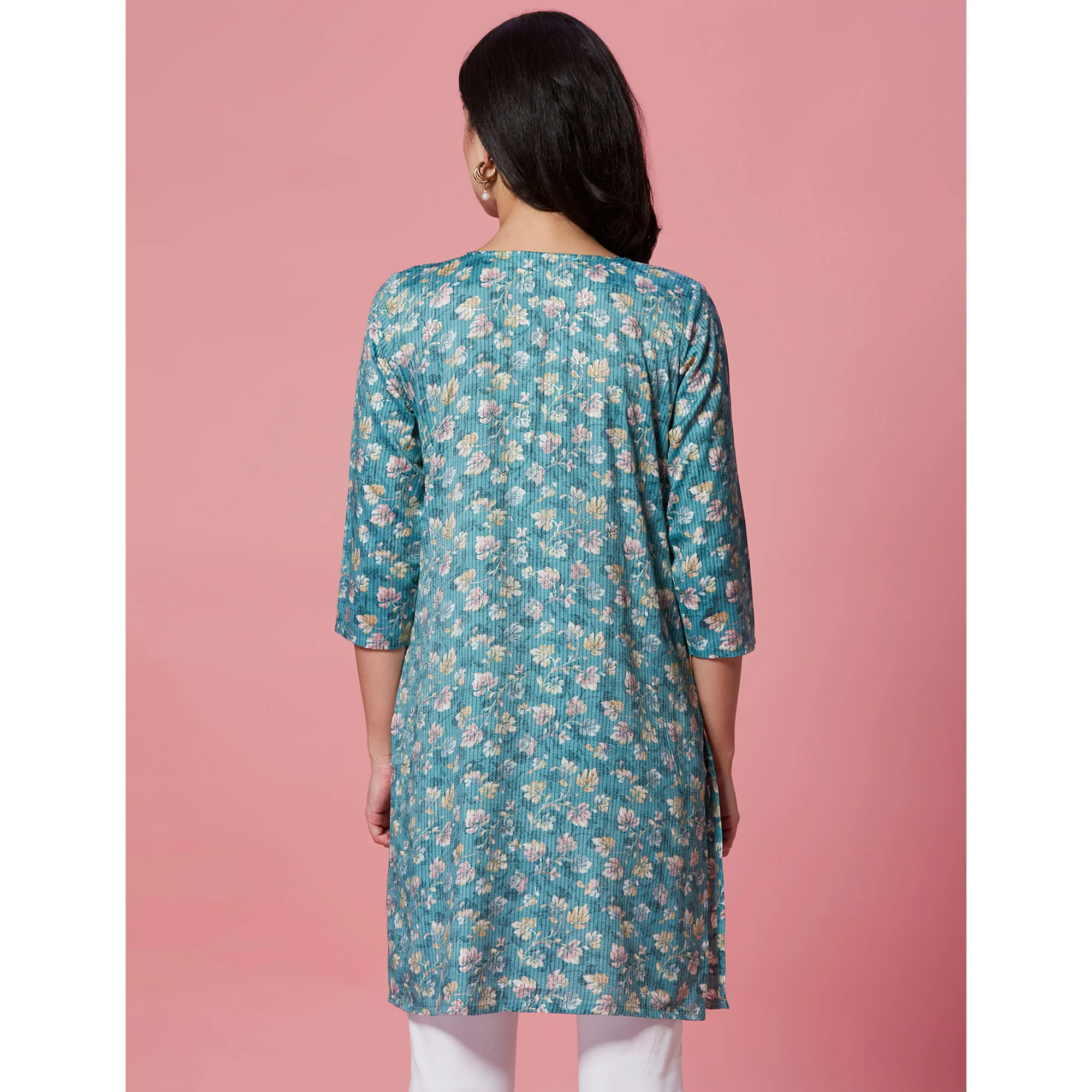 Turquoise Floral Printed Pure Cotton Straight Kurti - Image 7