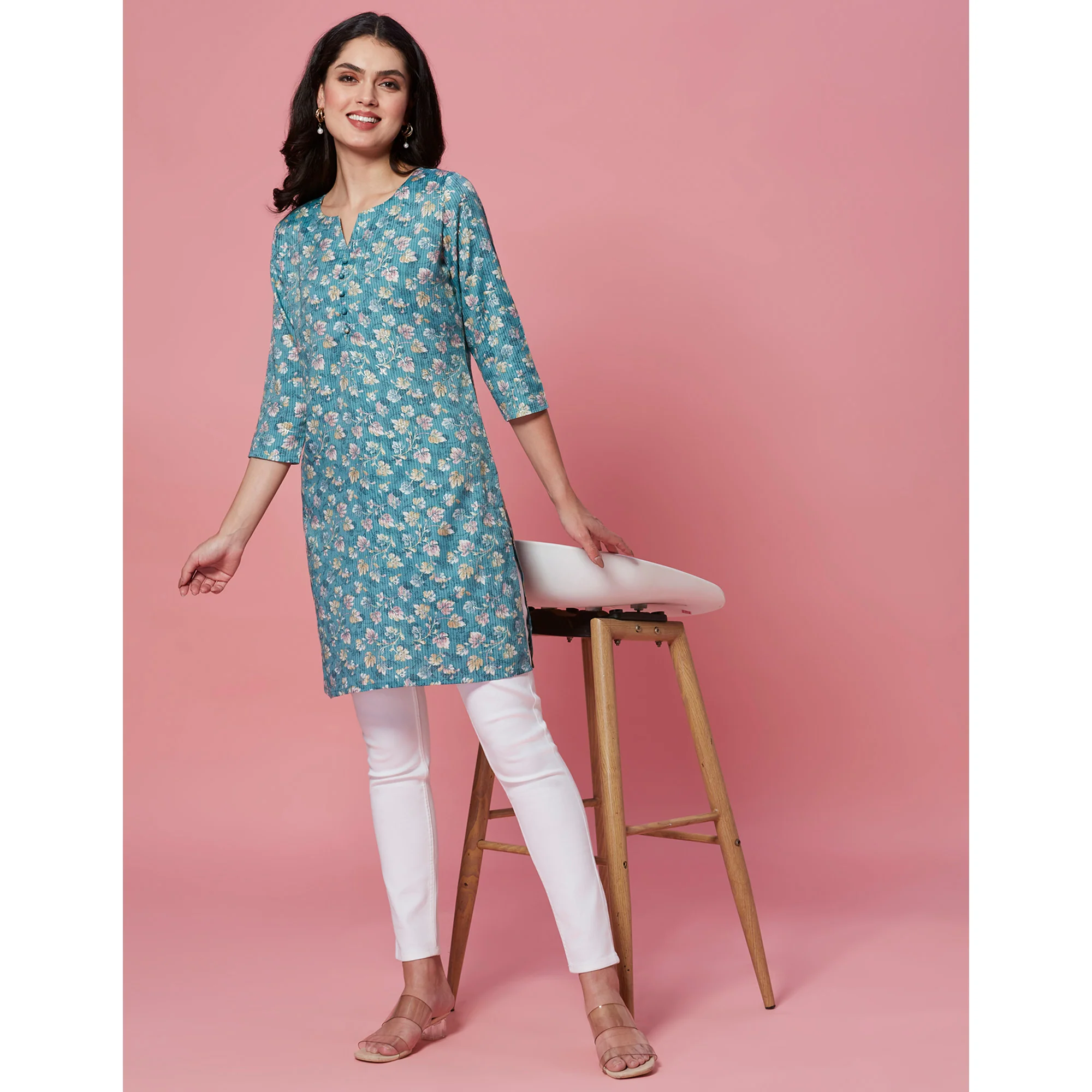 Turquoise Floral Printed Pure Cotton Straight Kurti - Image 8