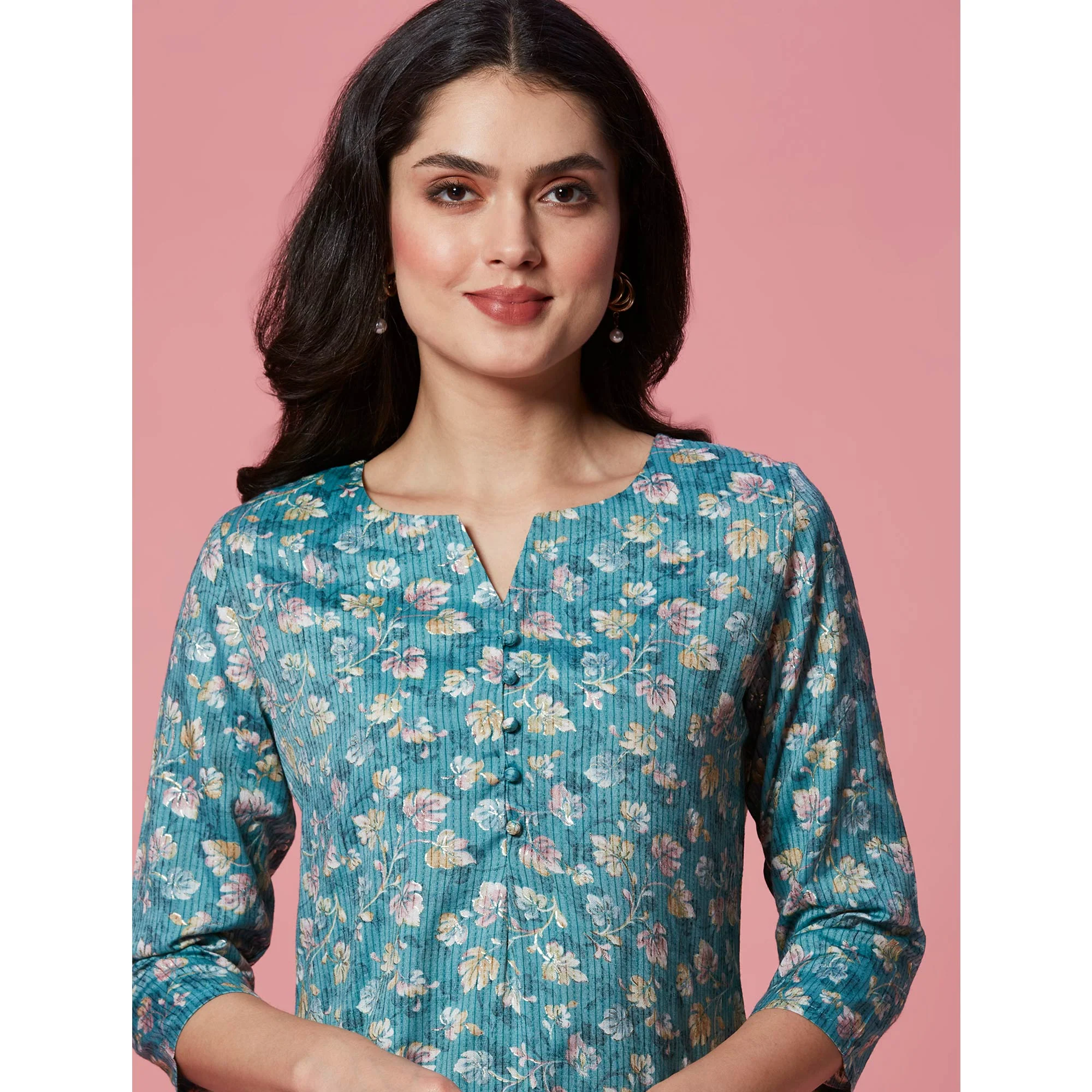 Turquoise Floral Printed Pure Cotton Straight Kurti - Image 9