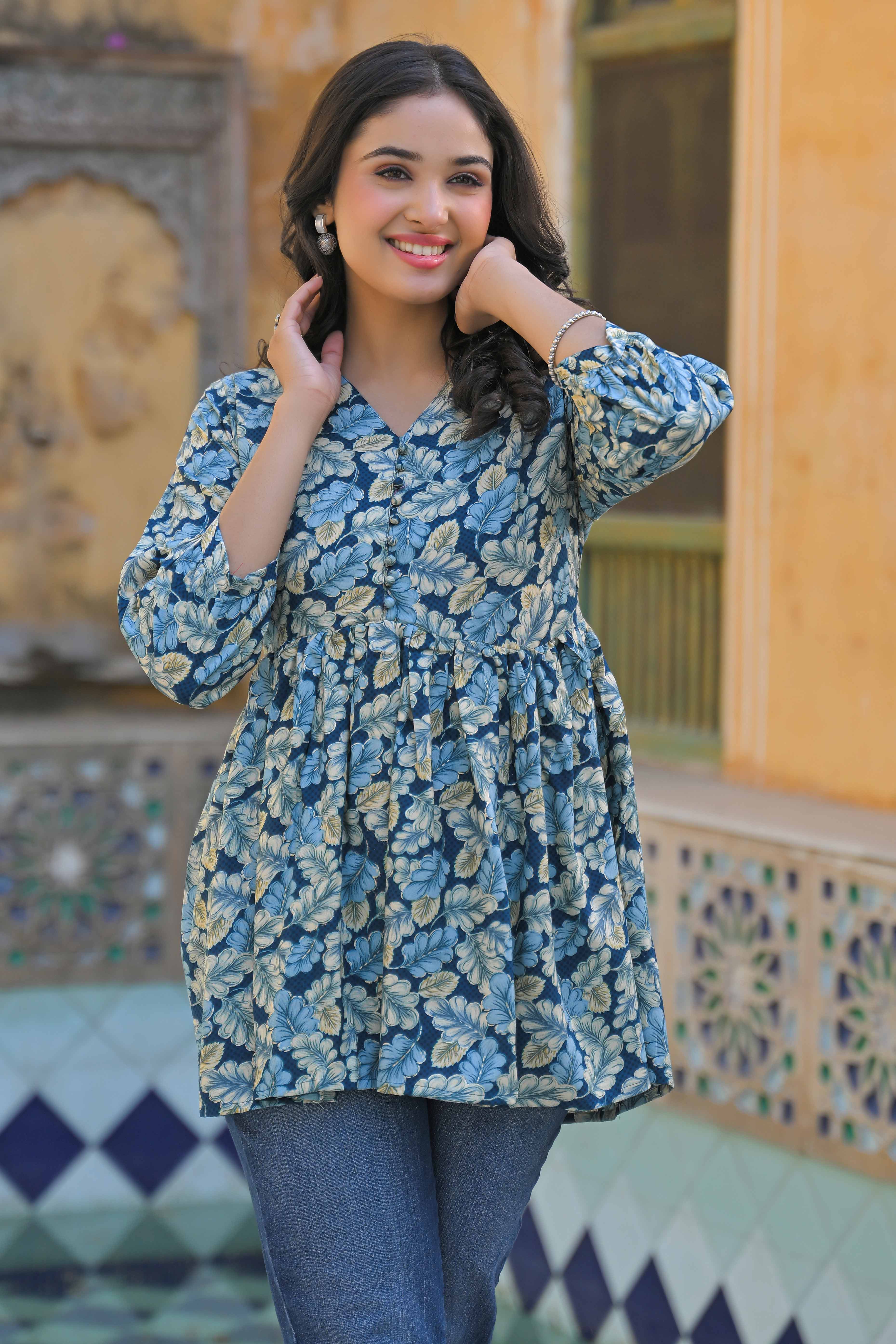 Turquoise Floral Printed Rayon A-Line Top - Image 3