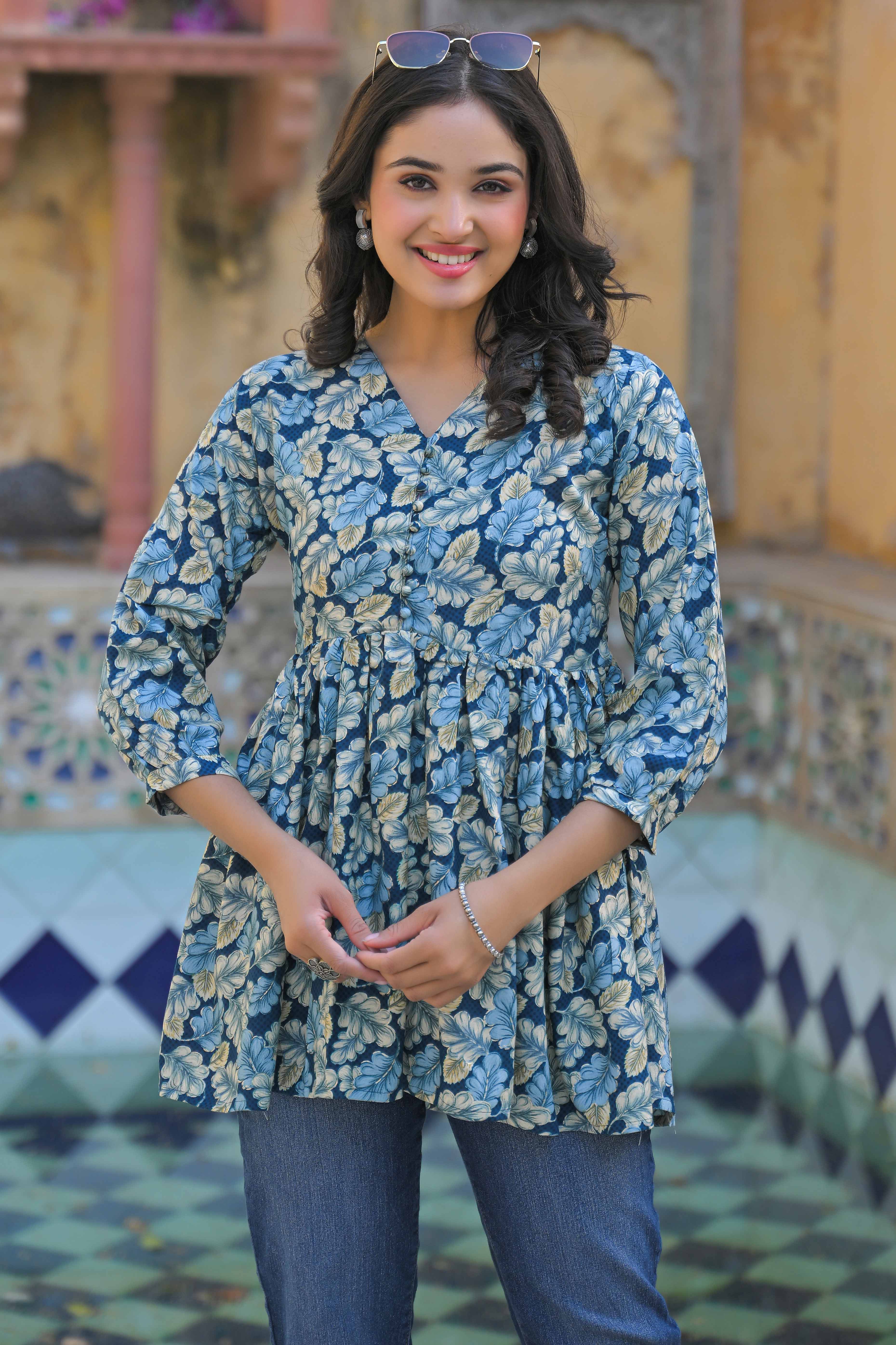 Turquoise Floral Printed Rayon A-Line Top - Image 4